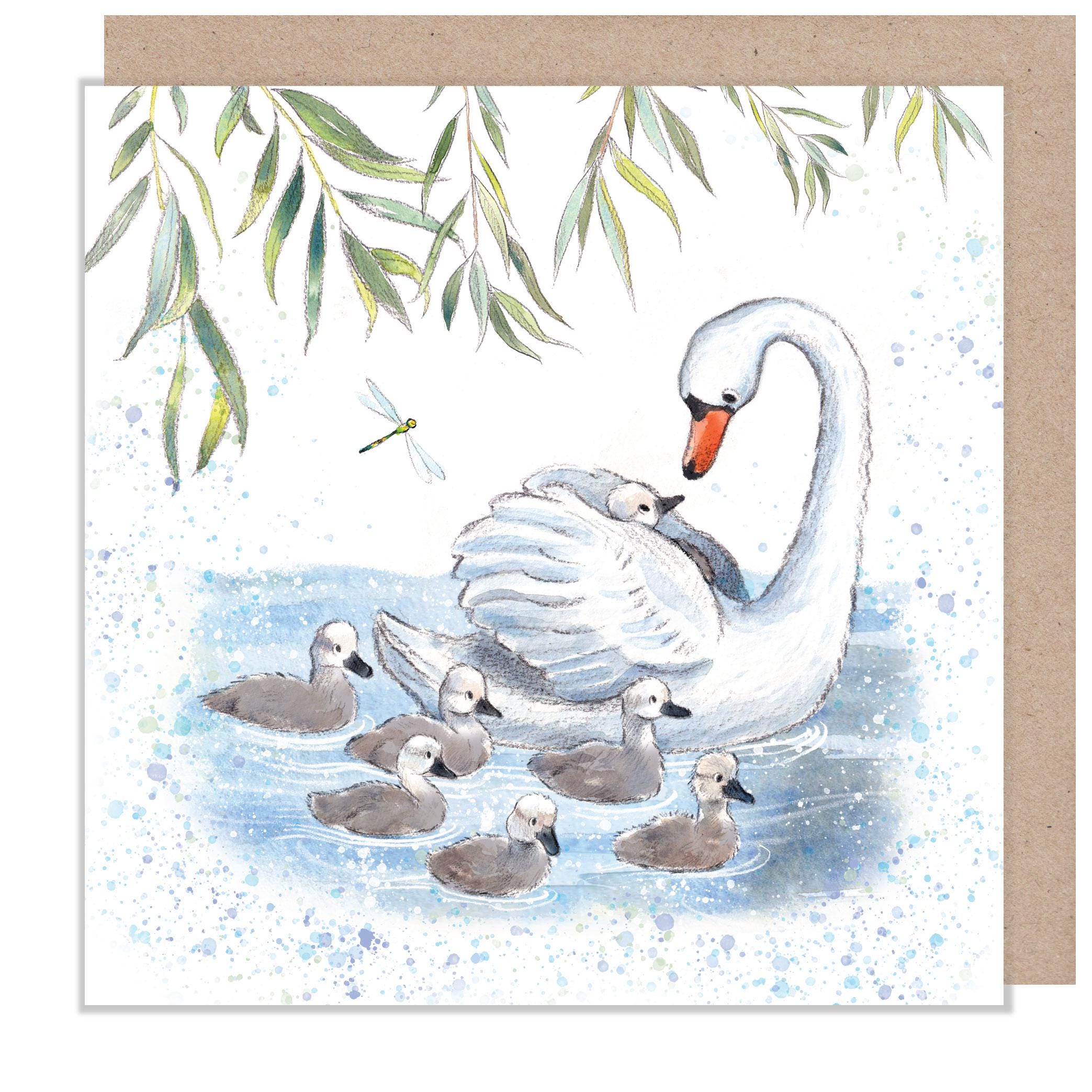 Blank Card  -Quality greeting Card - Swan and Cygnets illustration - 'Down by the river' range - made in UK  - RIV019