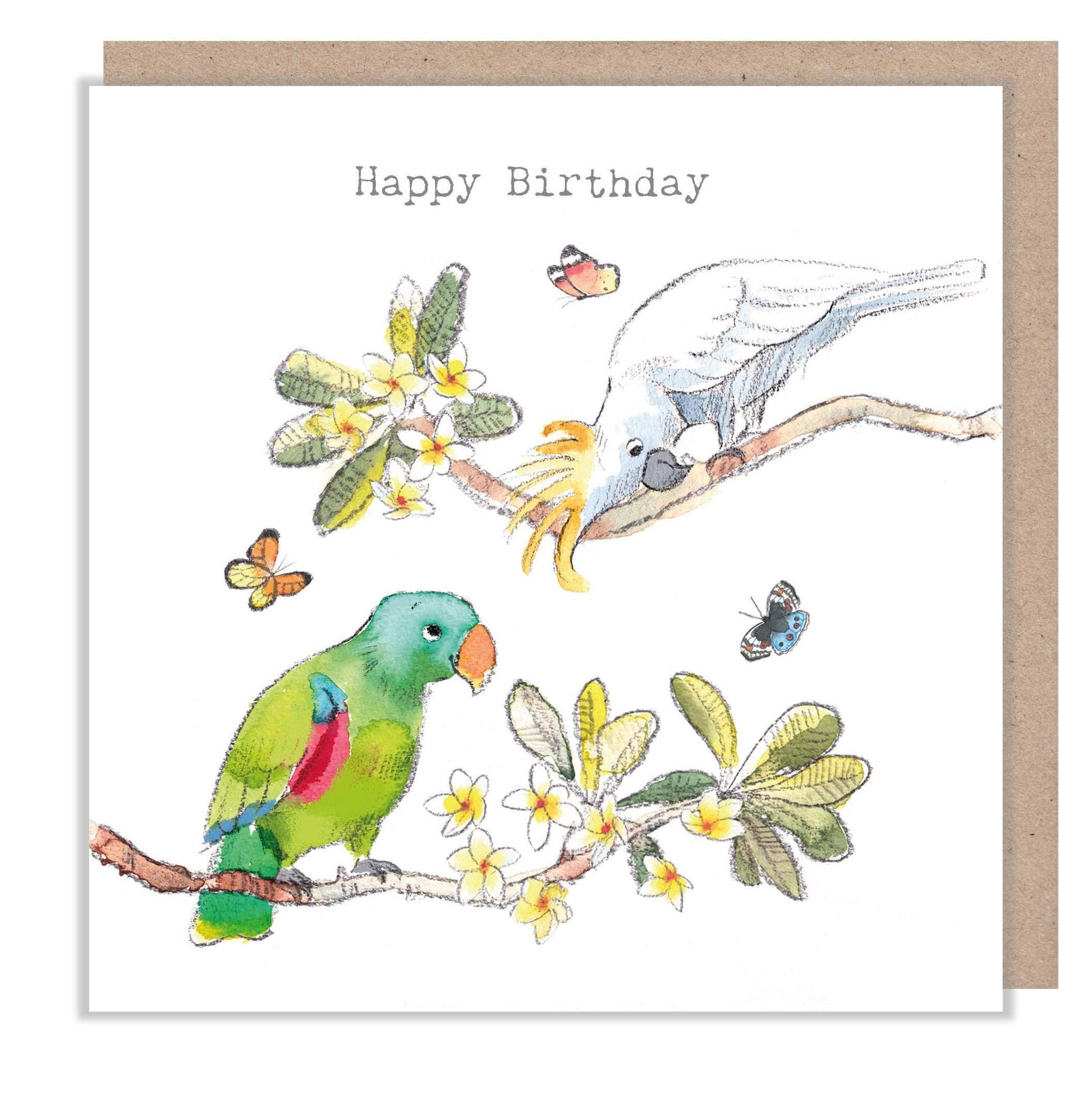 Birthday Card - Charming illustration - parrots with Butterflies - 'Wonderfully Wild'  range - Made in UK -  WWE031