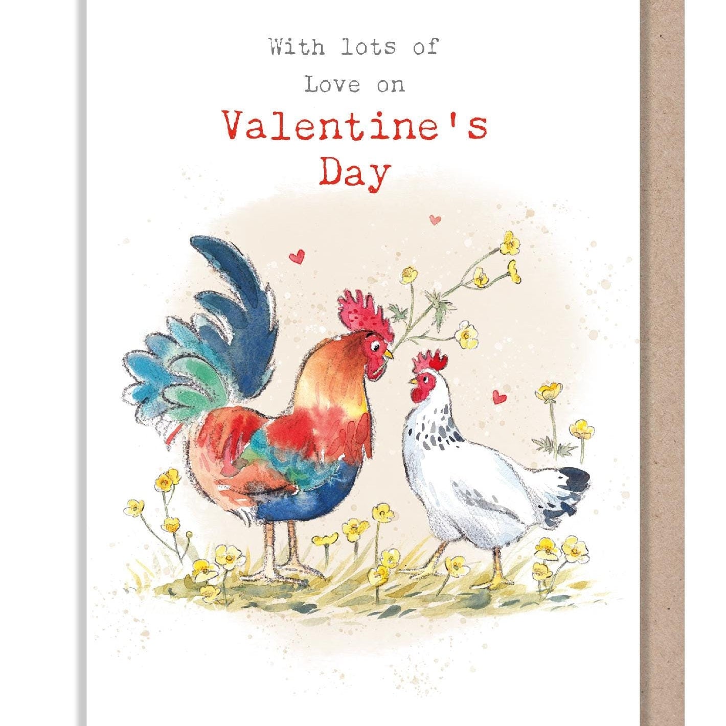 Valentines Card - Charming illustration - Cockrel and Hen - 'Buttercup Farm' range - Made in UK - BFVAL01