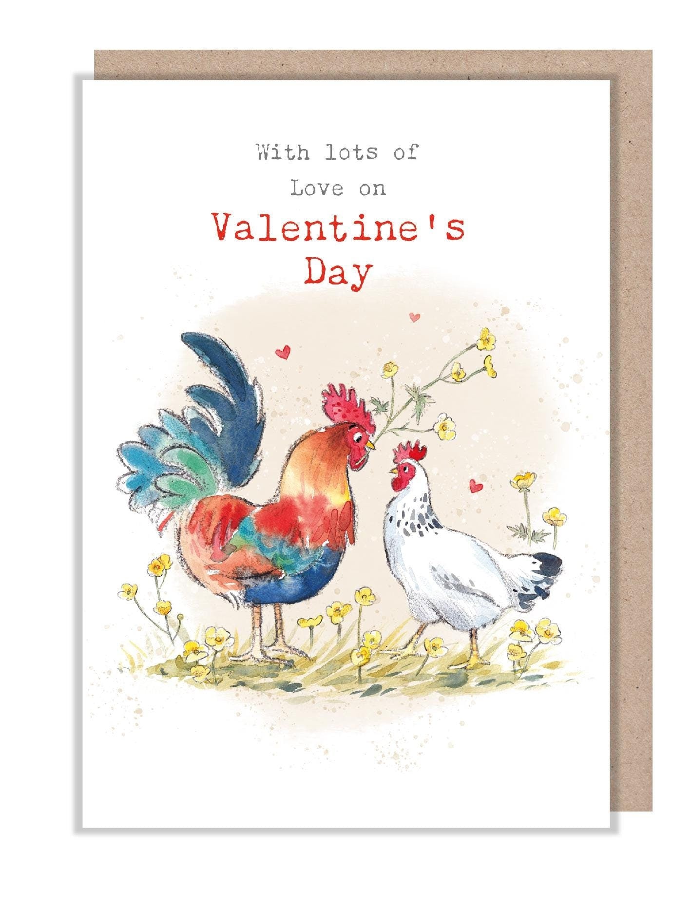 Valentines Card - Charming illustration - Cockrel and Hen - 'Buttercup Farm' range - Made in UK - BFVAL01