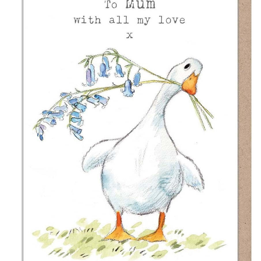 To Mum with love- Quality Greeting Card - Duck and bluebell  illustration - 'Down by the river'  range - Made in UK -  RIV08
