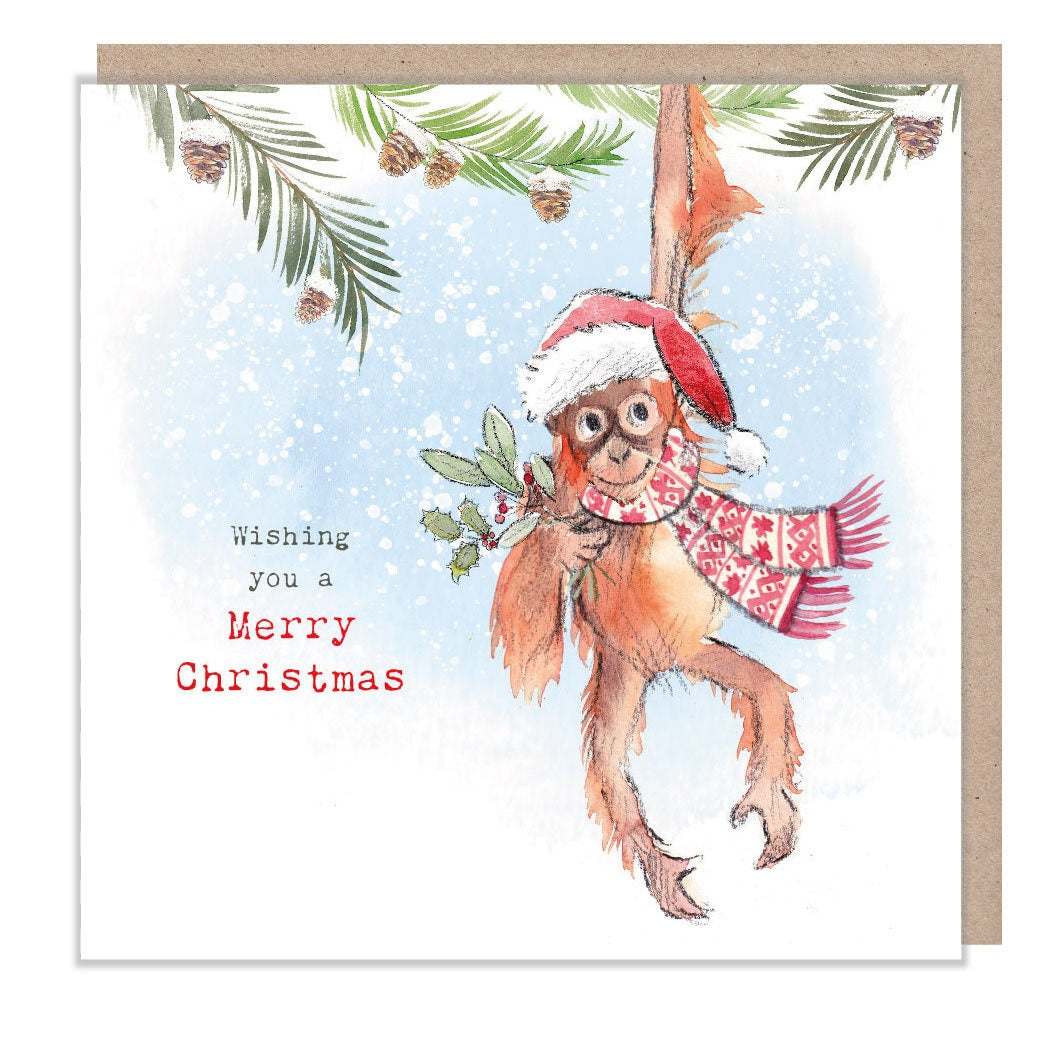 Merry Christmas - Quality Christmas Card - 150 x 150mm - Charming Orangutan illustration - 'Wonderfully Wild'  range - Made in UK -  WWX04