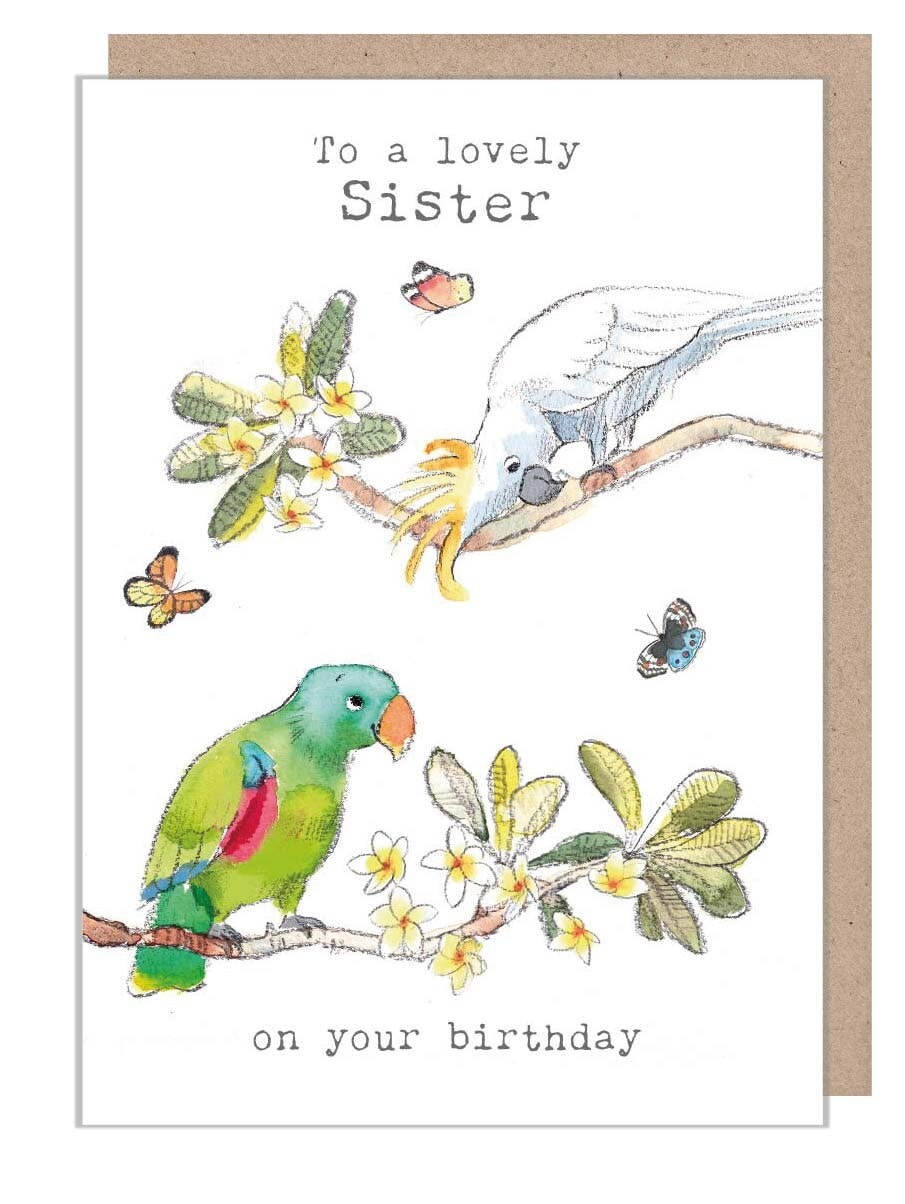 Sister Birthday Card - Charming illustration - parrots with Butterflies - 'Wonderfully Wild'  range - Made in UK -  WWE017