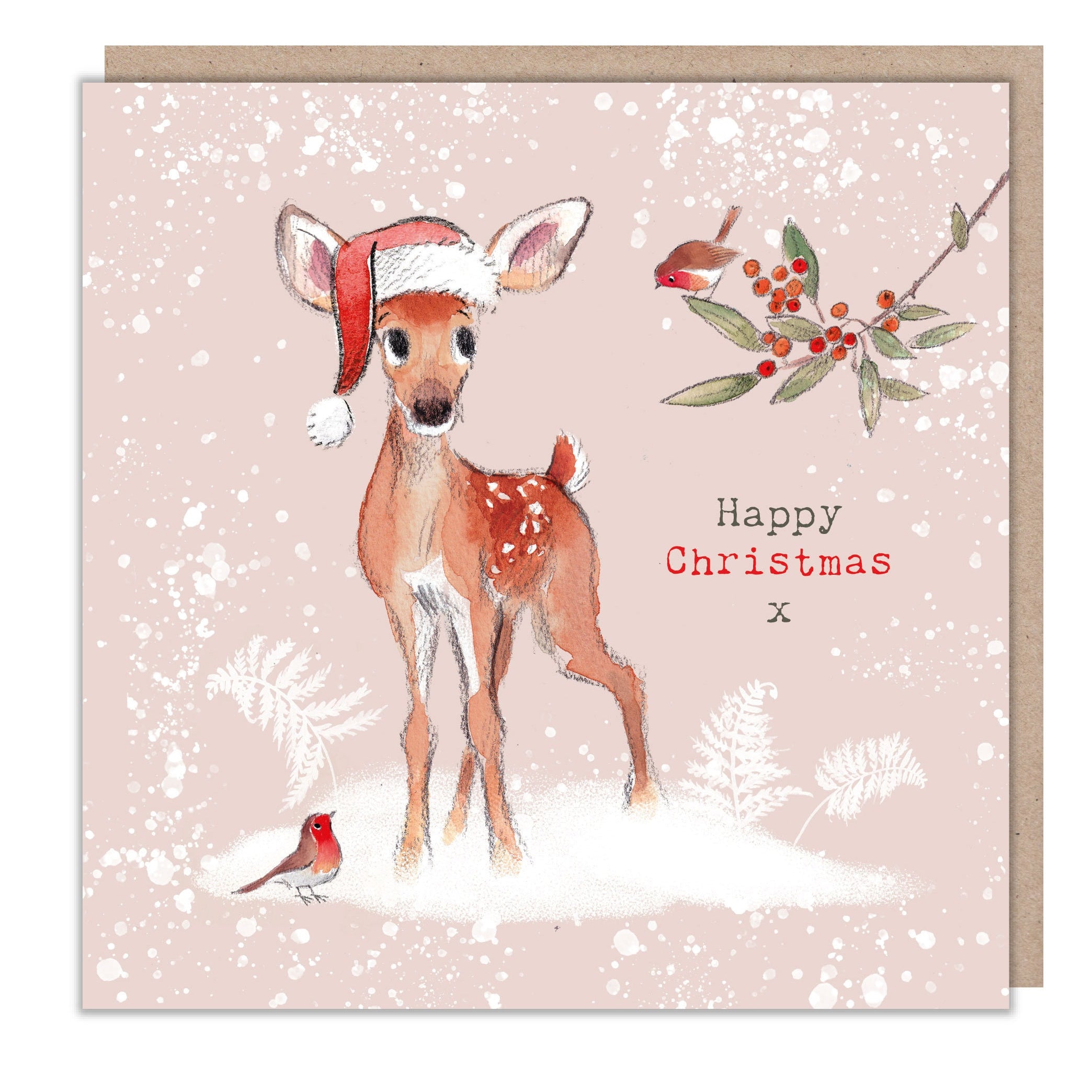 Quality Christmas Card - Deer and Robins illustration - Merry christmas - 'Bucklebury wood' range- Made in UK -  BWX06