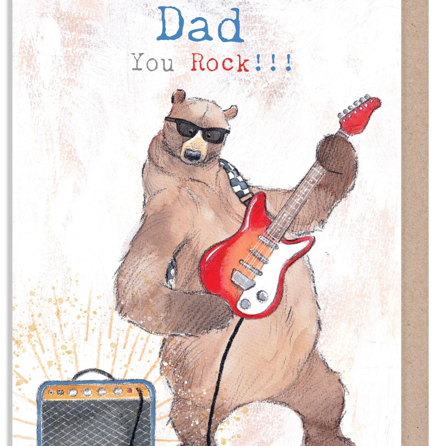 Dad card, Quality Greeting Card, Bear playing Guitar 'Hey Bear' range, Fun hand drawn Illustrations, made in UK, HBE017