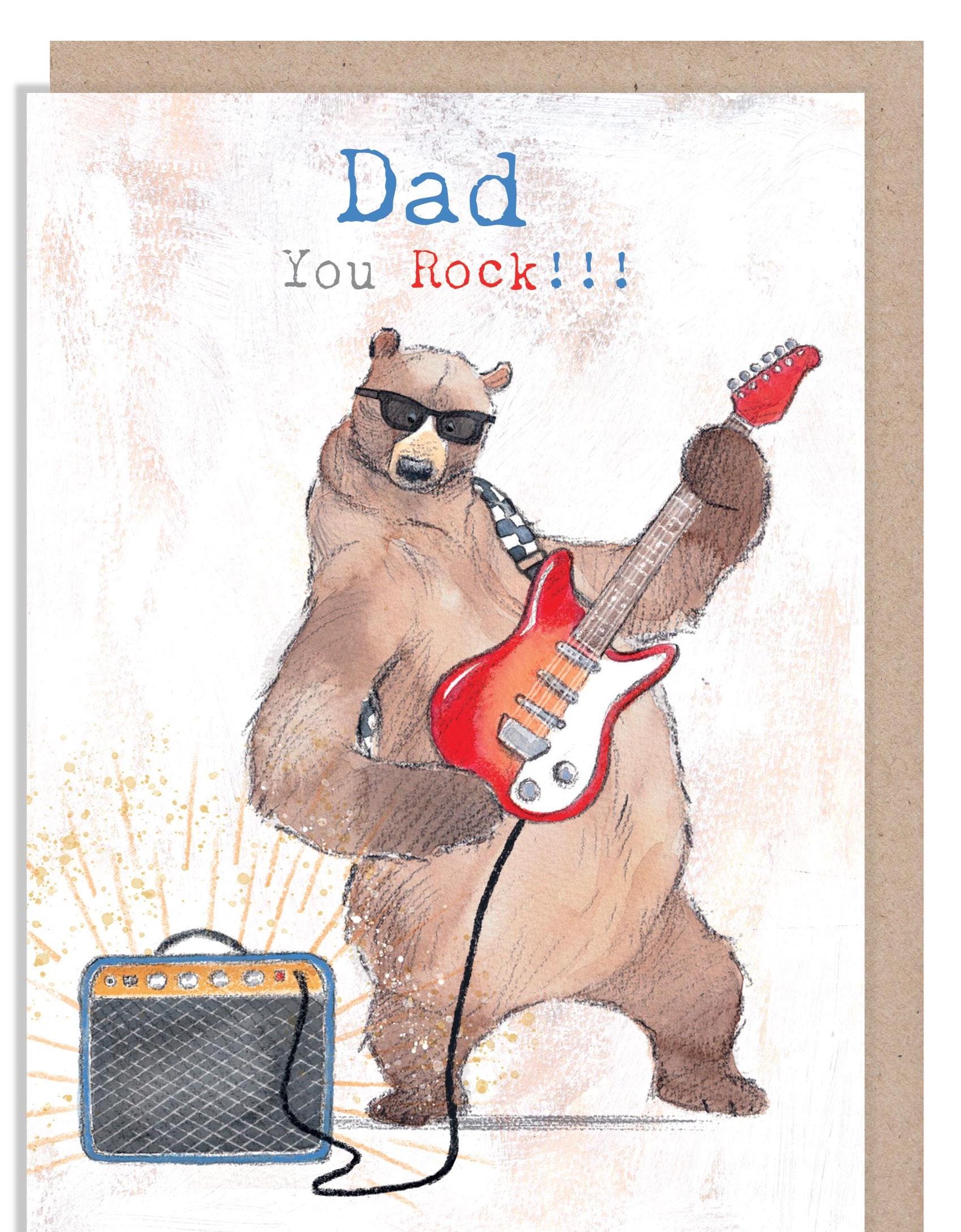 Dad card, Quality Greeting Card, Bear playing Guitar 'Hey Bear' range, Fun hand drawn Illustrations, made in UK, HBE017