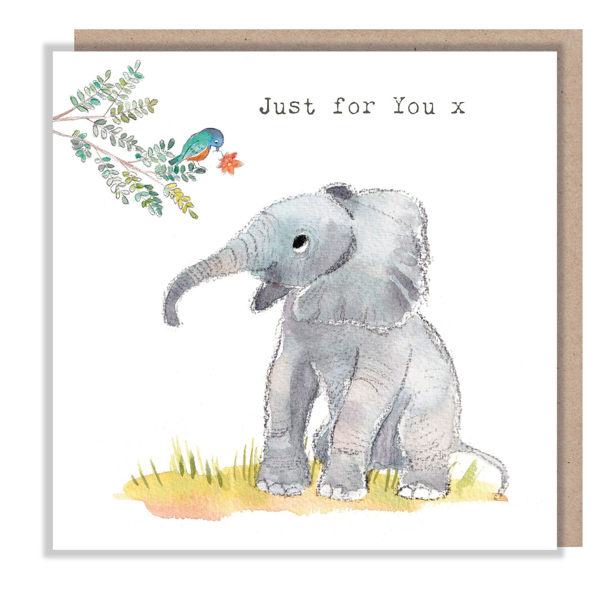 Elephant Greeting Card -  Just for you - Charming illustration - Elephant with Bird- 'Wonderfully Wild'  range - Made in UK -  WWE012