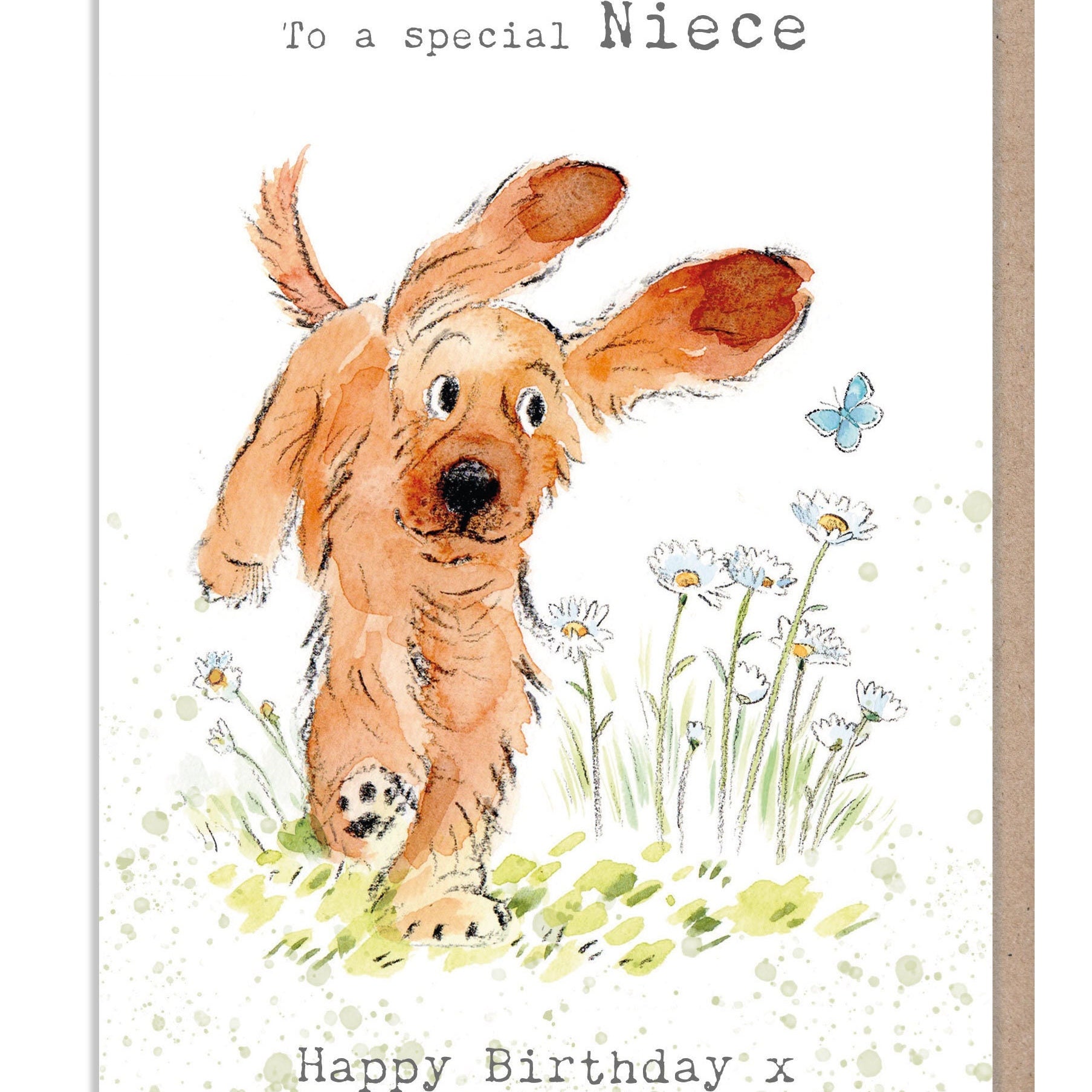 Niece Birthday Card - Cocker Spaniel with Daisies and butterfly Illustration - ABE075
