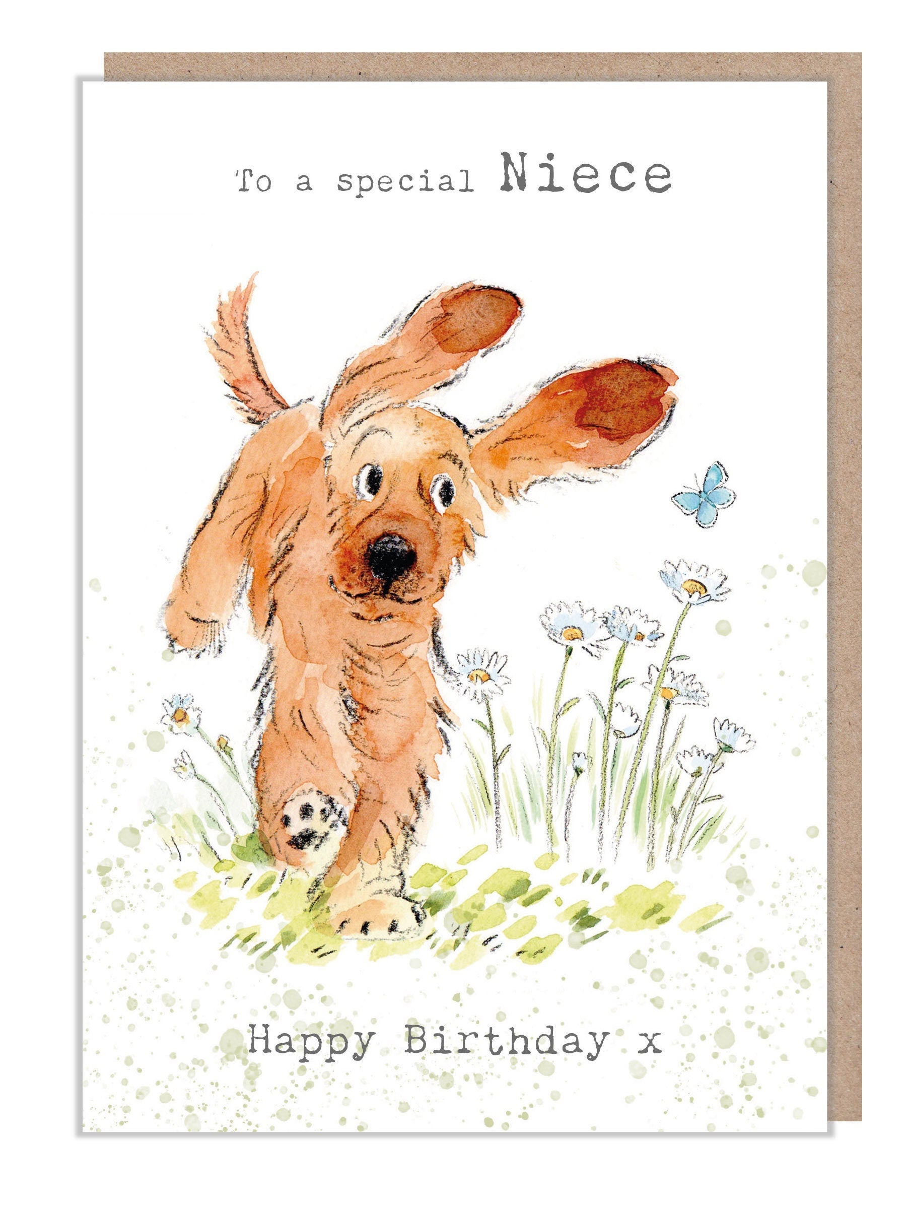 Niece Birthday Card - Cocker Spaniel with Daisies and butterfly Illustration - ABE075