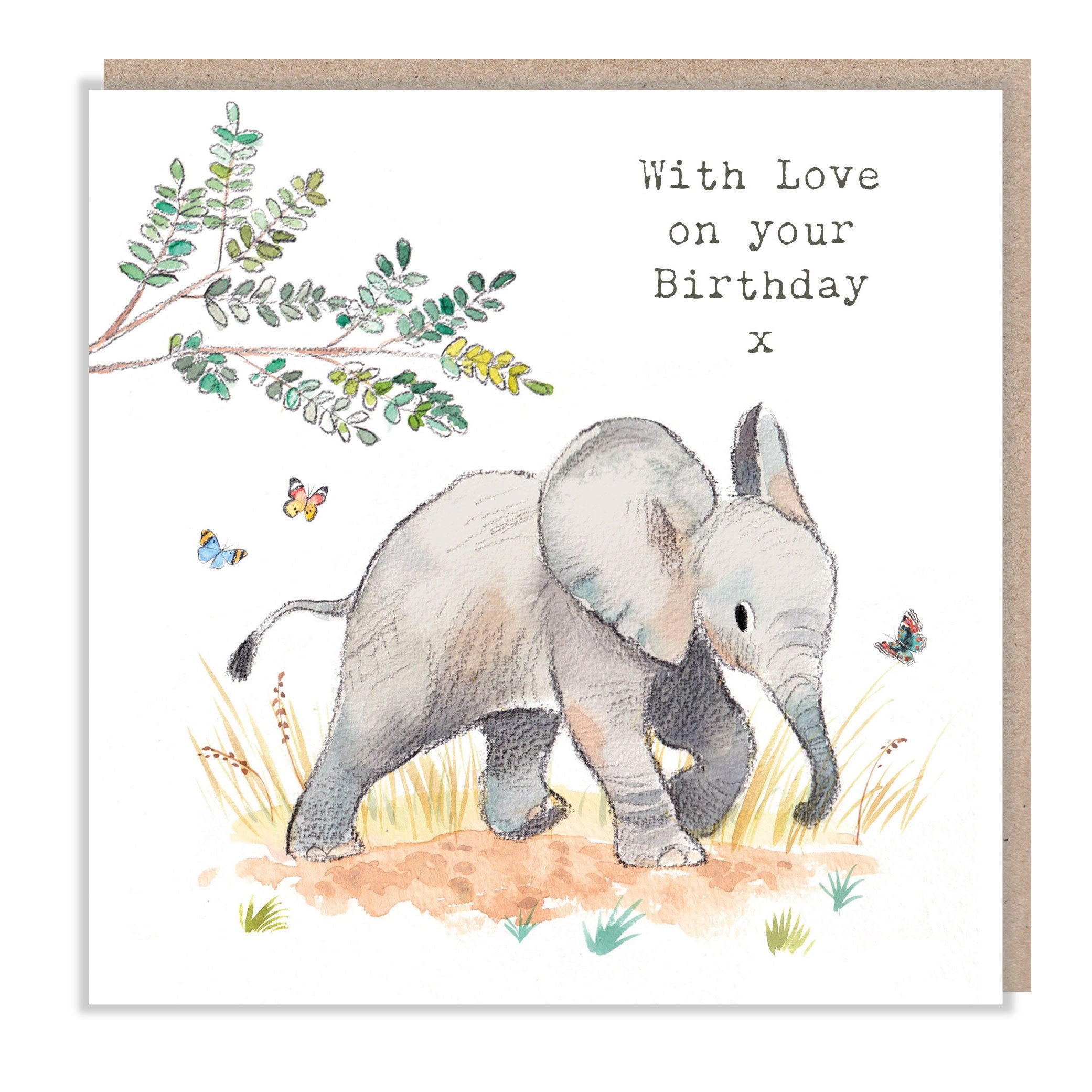 Elephant Birthday Card - Charming illustration - Elephant and butterflies - 'Wonderfully Wild'  range - Made in UK -  WWE03