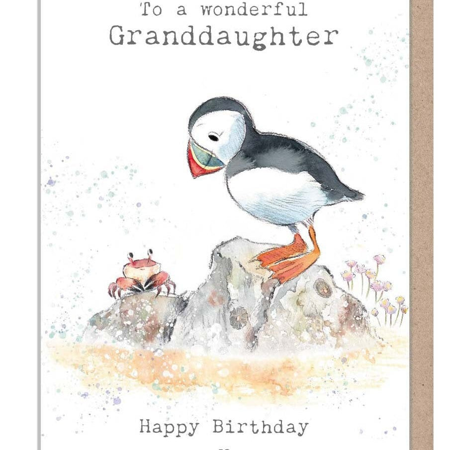 Grand daughter Birthday - Quality greeting Card - Puffin and Crab illustration - 'by the Seashore' range - made in UK  - SEA07