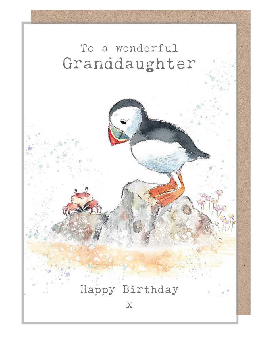 Grand daughter Birthday - Quality greeting Card - Puffin and Crab illustration - 'by the Seashore' range - made in UK  - SEA07