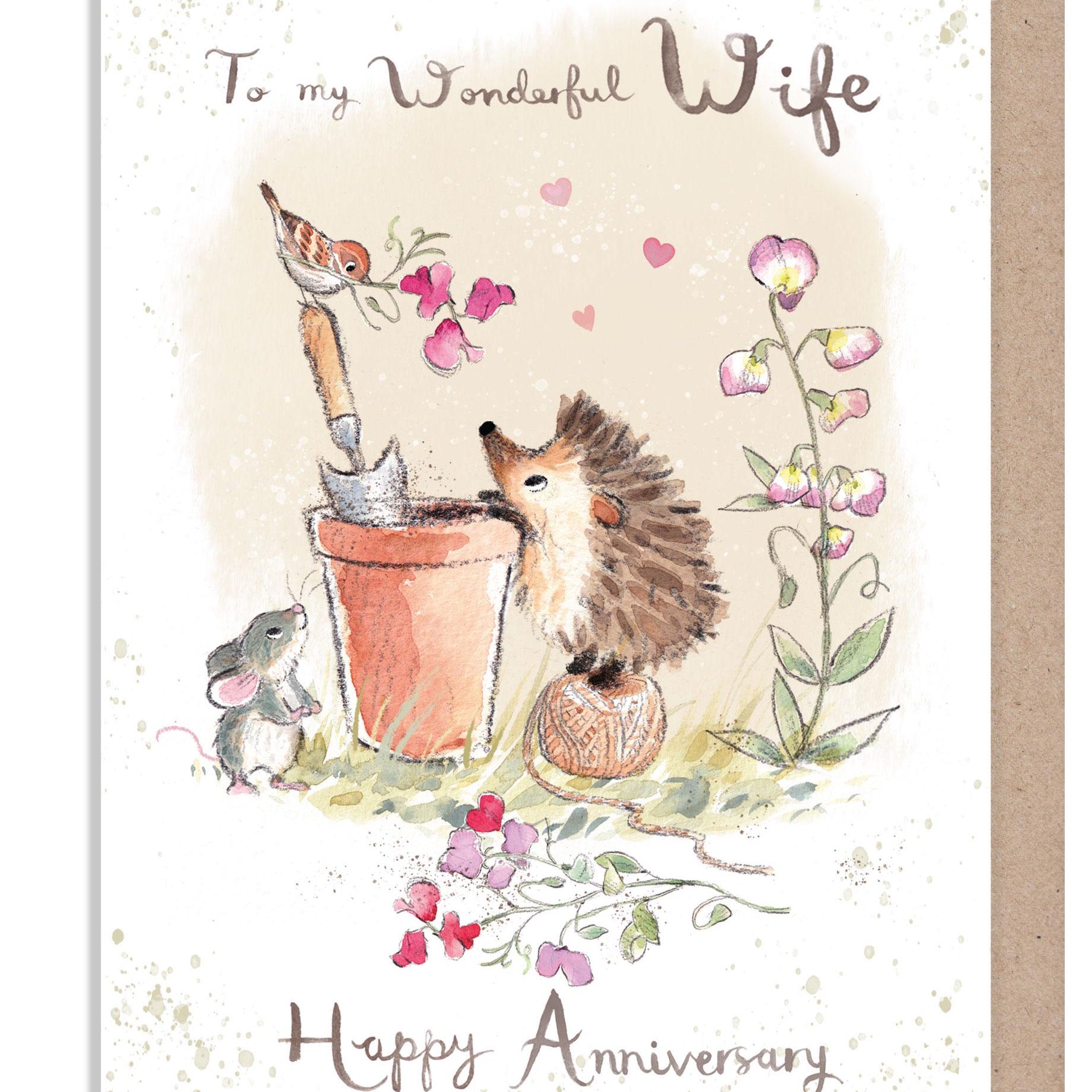 Wife Anniversary Card - Quality Card - Charming illustration - Hedgehog and bird  - 'Morris and Maude' range - Made in UK -  MME020