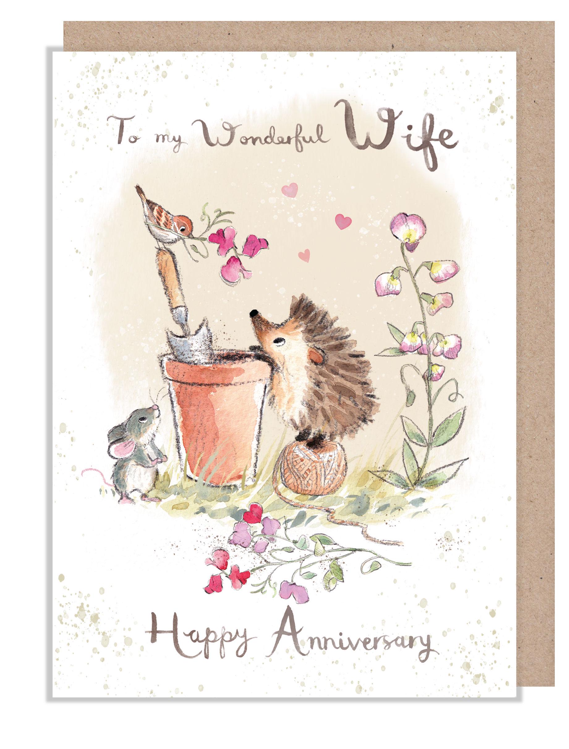 Wife Anniversary Card - Quality Card - Charming illustration - Hedgehog and bird  - 'Morris and Maude' range - Made in UK -  MME020