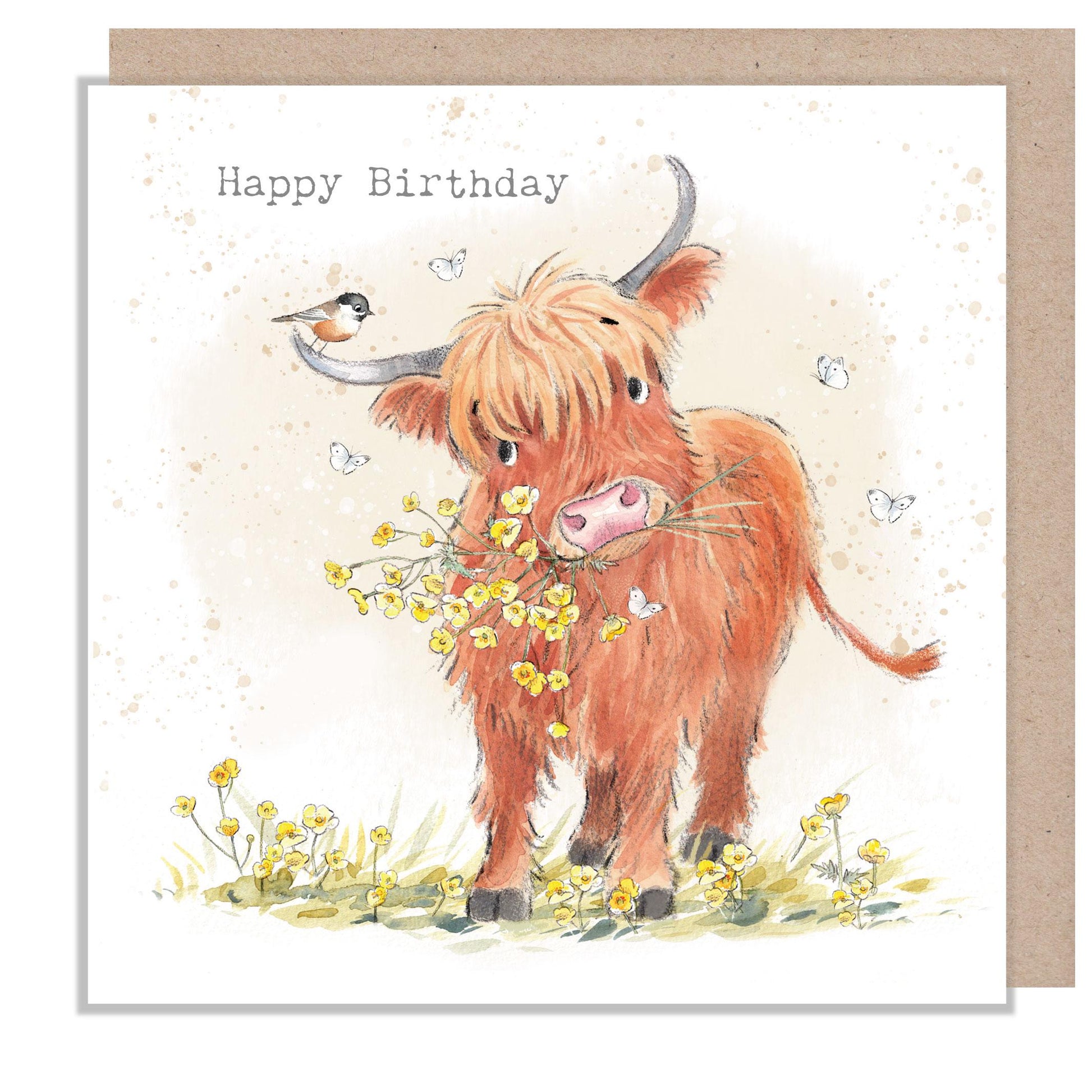 Birthday Card - Quality Greeting Card - Charming illustration - 'Buttercup Farm' range - Highland Cow - Made in UK -  BF016