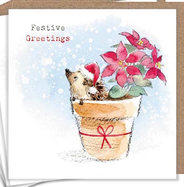Christmas Card pack - 5 small quality cards with brown recycled envelopes -125 x 125mm-  one design - Cute Hedgehog -  XPACK05