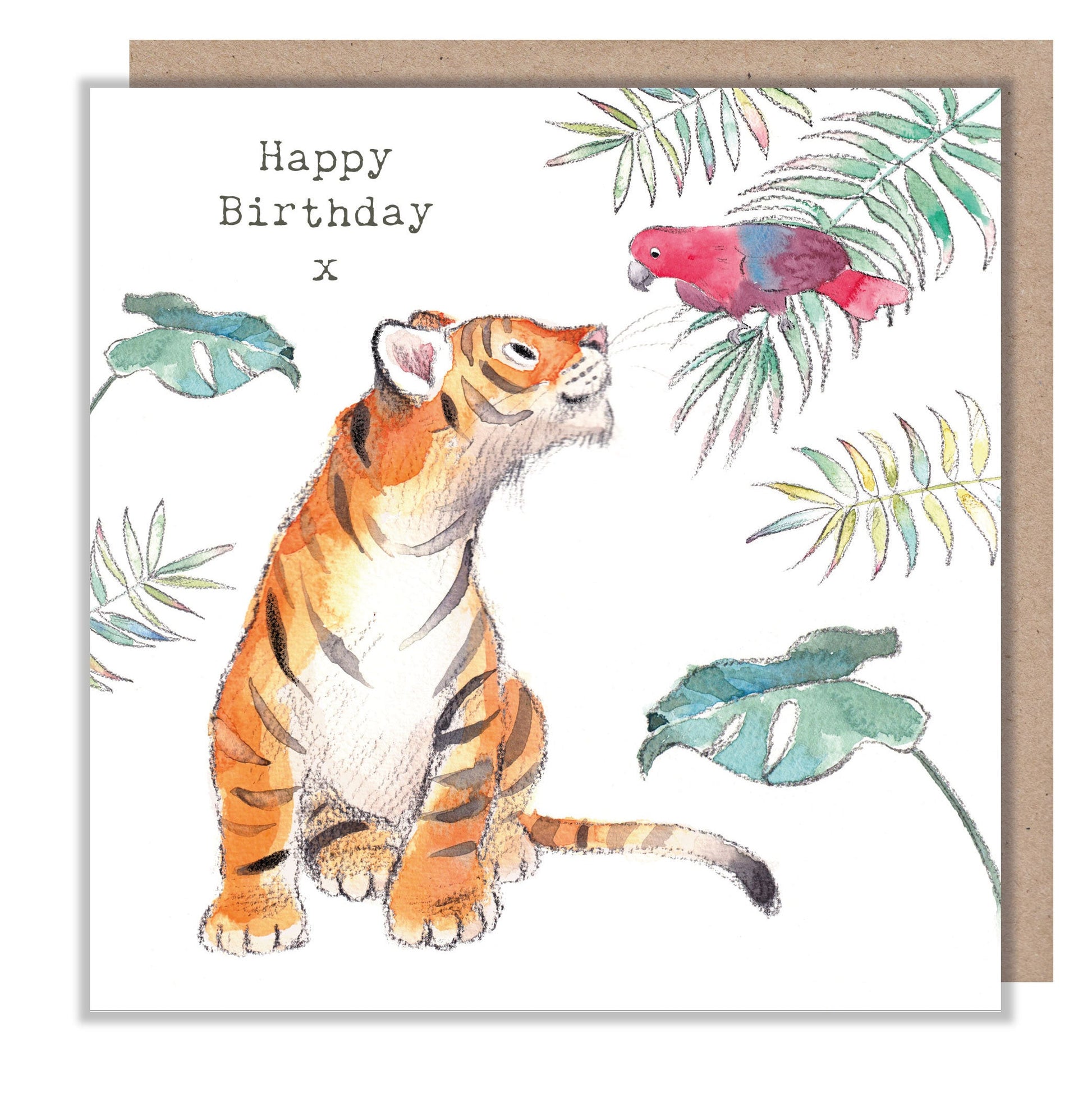 Tiger Birthday Card - Charming illustration - Tiger and Parrot - 'Wonderfully Wild'  range - Made in UK -  WWE01