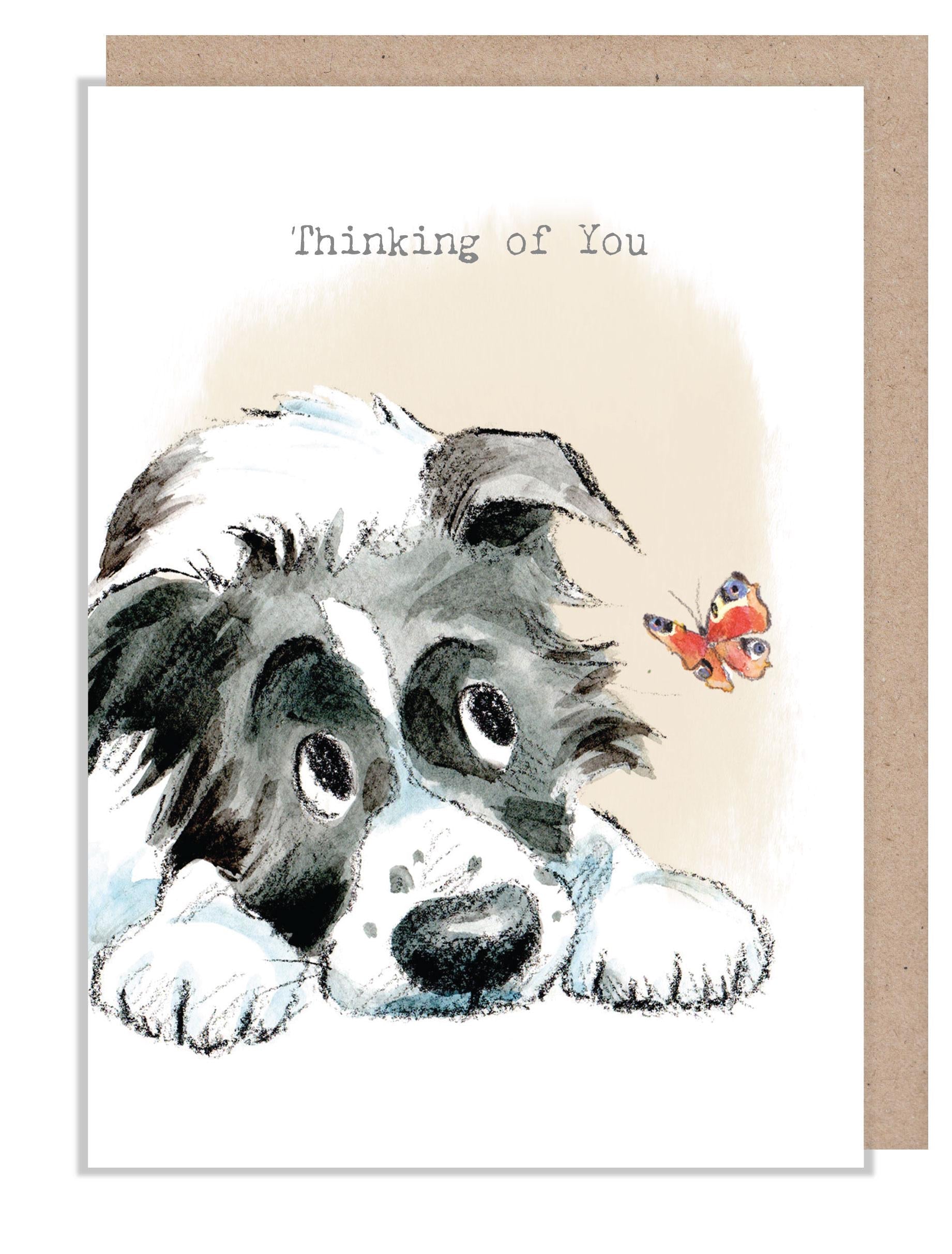 Thinking of you Card - Charming illustration - cute dog- 'Absolutely barking' range - Collie Dog - Made in UK -  ABE119