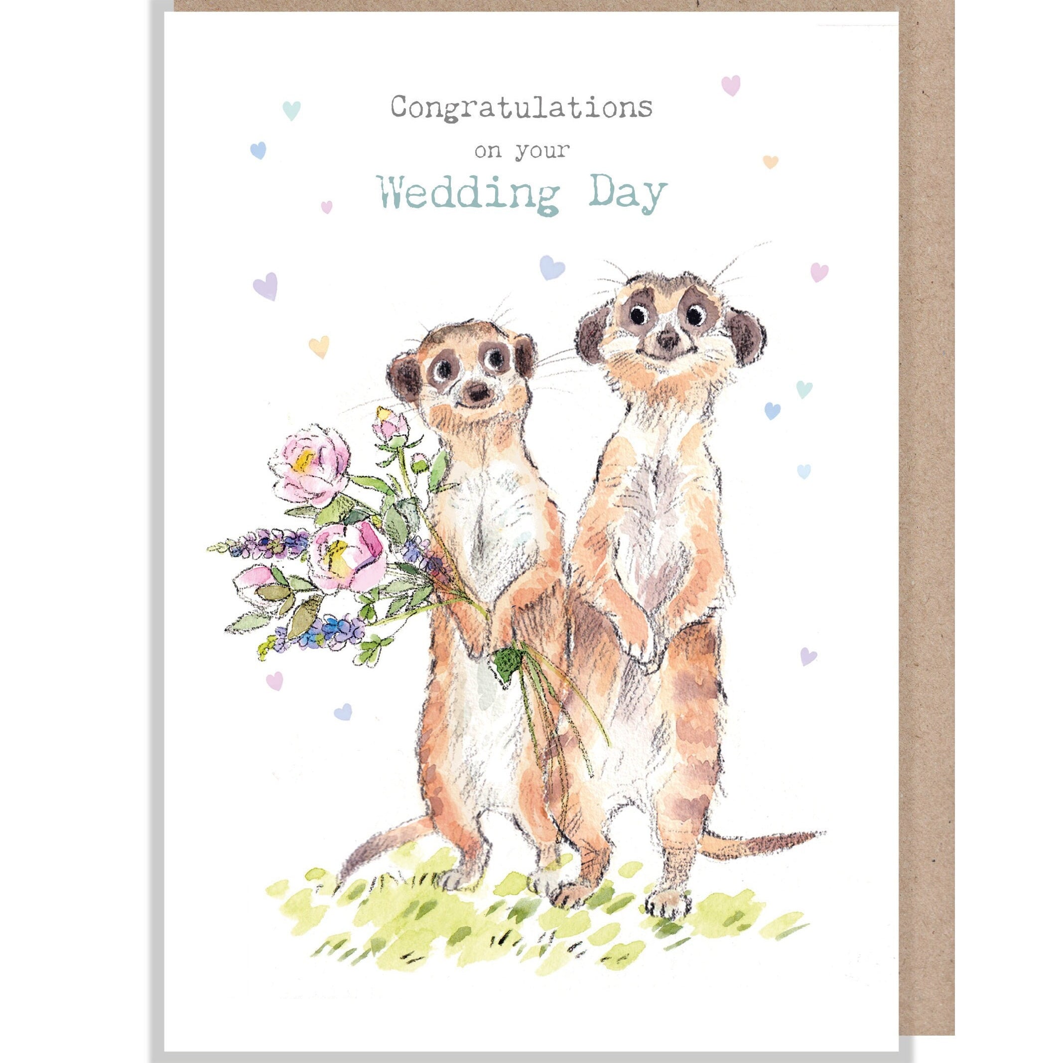 Wedding day Card - Quality Card - Congratulations on your Wedding Day - Meerkats with Flowers - 'Wonderfully Wild range' - WWE030