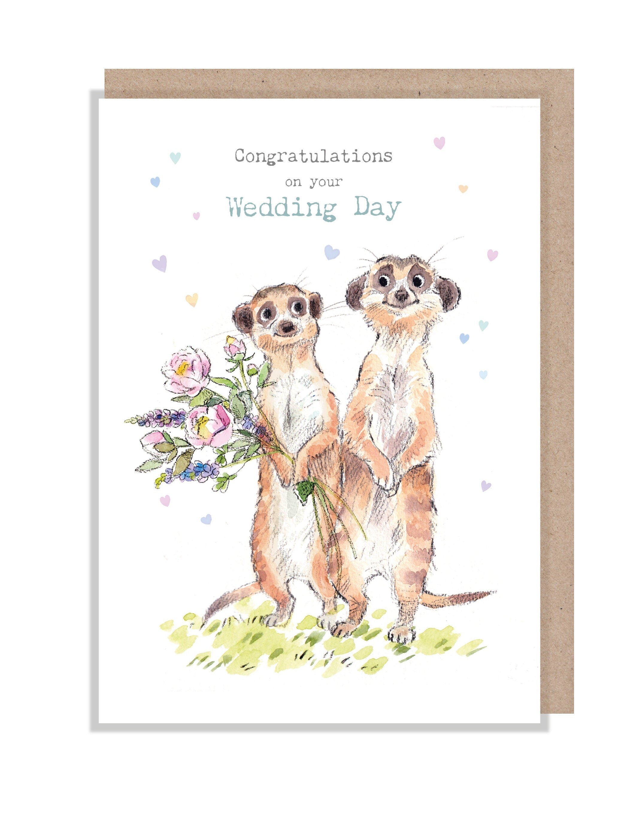 Wedding day Card - Quality Card - Congratulations on your Wedding Day - Meerkats with Flowers - 'Wonderfully Wild range' - WWE030