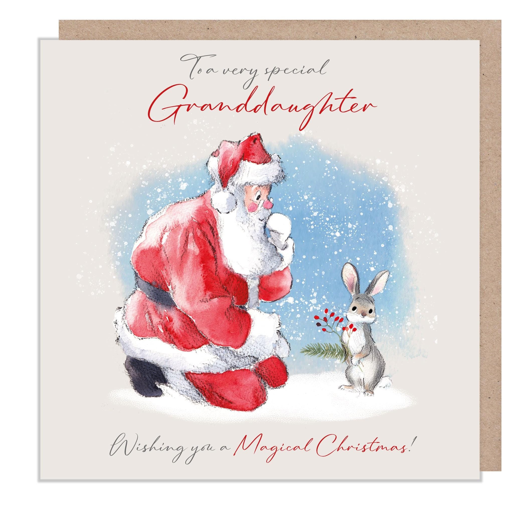To a very special Granddaughter - Quality Christmas Card-150 x 150mm - Santa with Rabbit illustration - 'Wintery Tails'  range - WT013
