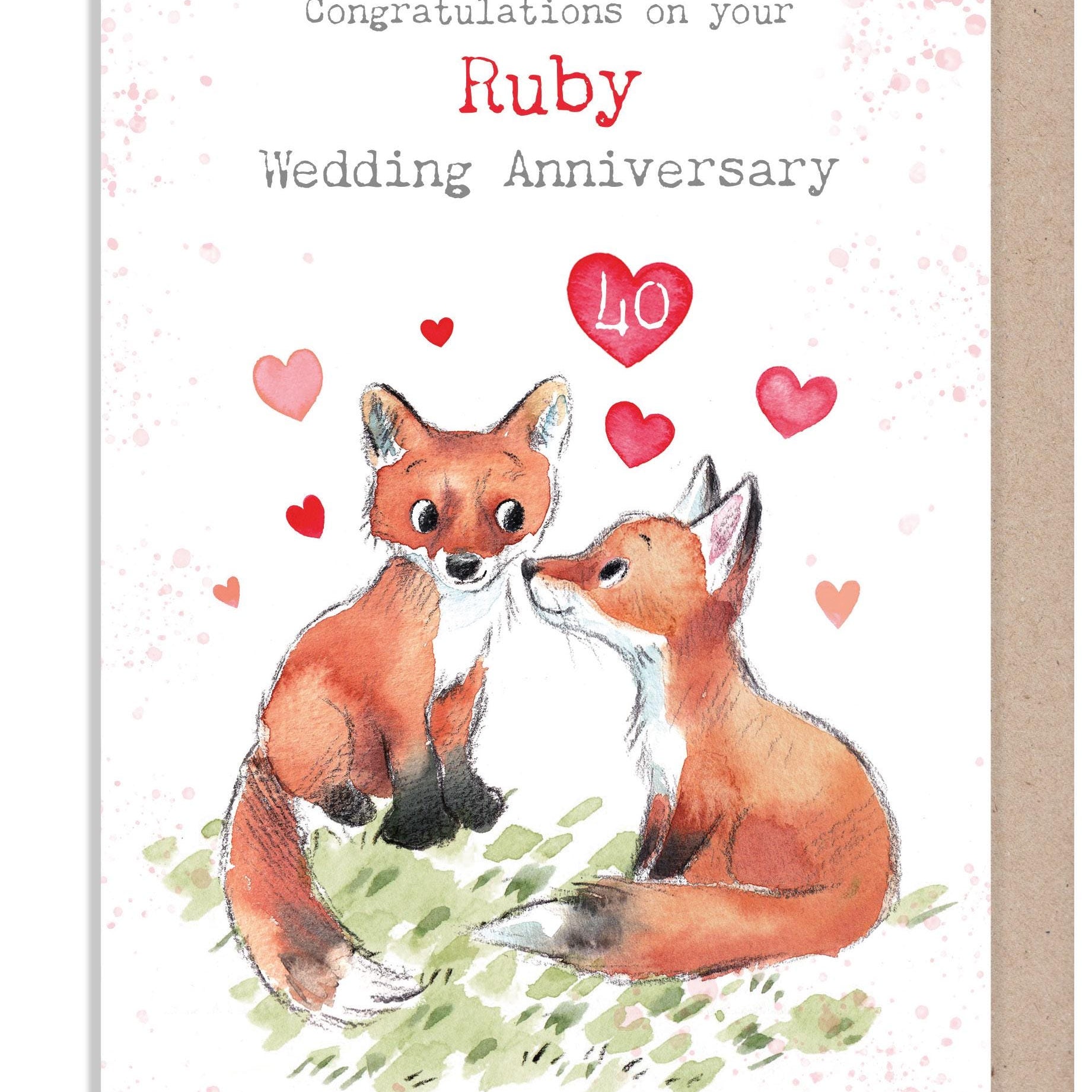 Ruby Anniversary - Quality Card - Congratulations on your Ruby wedding - 40 years - Fox with hearts 'Bucklebury Wood' range - BWE045