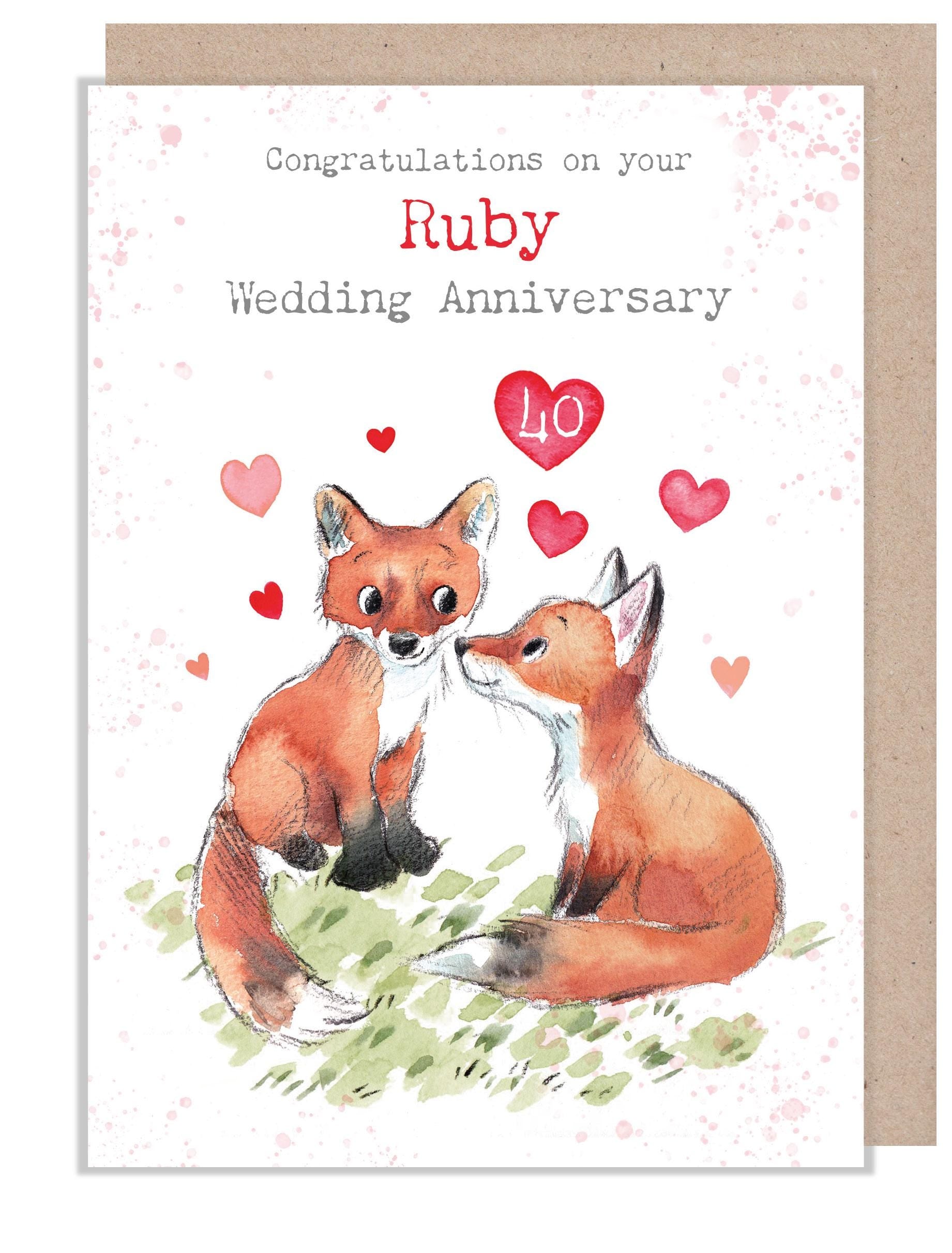 Ruby Anniversary - Quality Card - Congratulations on your Ruby wedding - 40 years - Fox with hearts 'Bucklebury Wood' range - BWE045