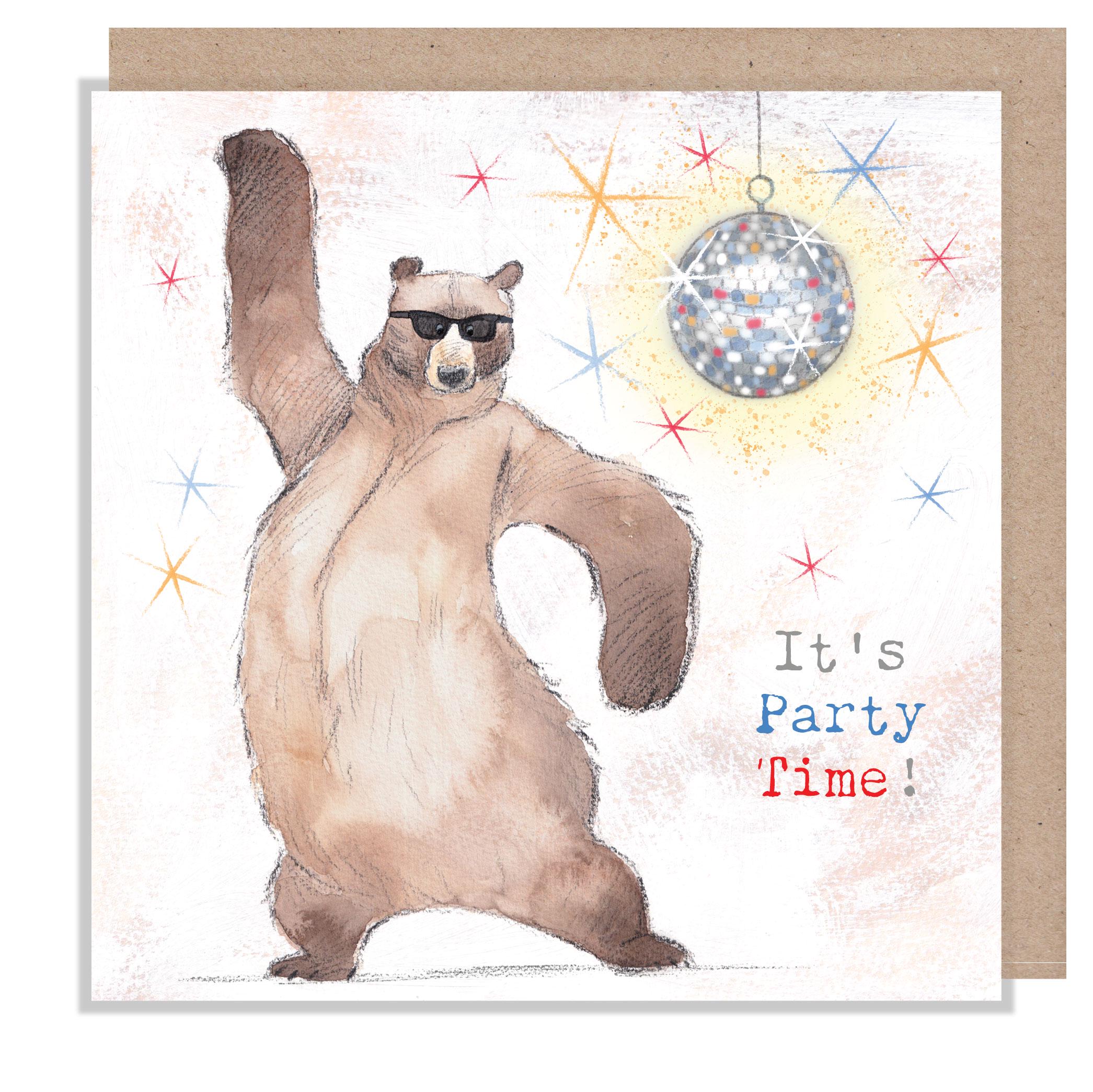 Birthday card, It's Party Time! - Quality Greeting Card, Bear dancing 'Hey Bear' range, Fun hand Drawn Illustrations, made in UK, HBE08
