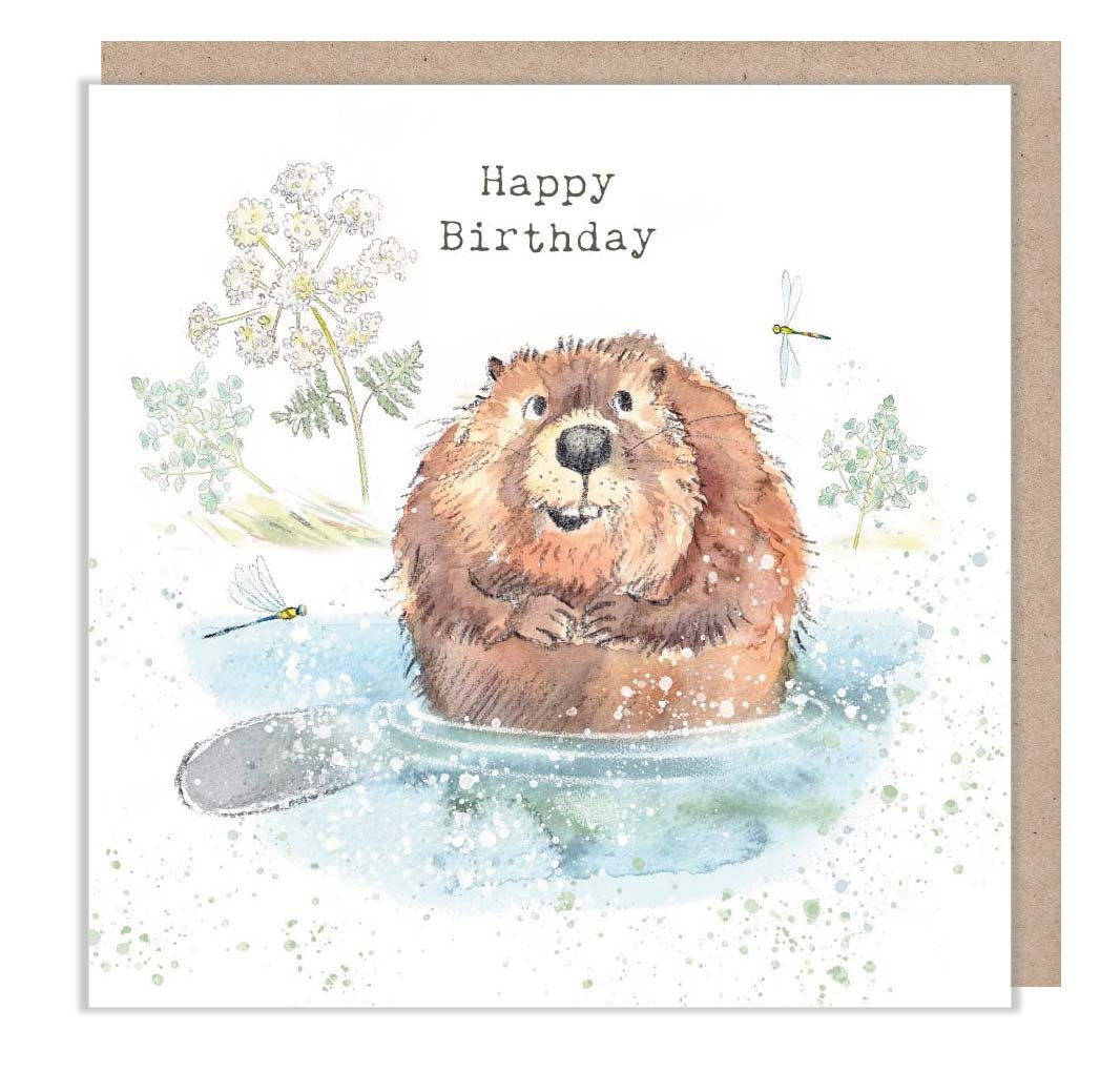 Beaver- Happy Birthday - Quality Greeting Card - Beaver  illustration - 'Down by the river'  range - Made in UK -  RIV02