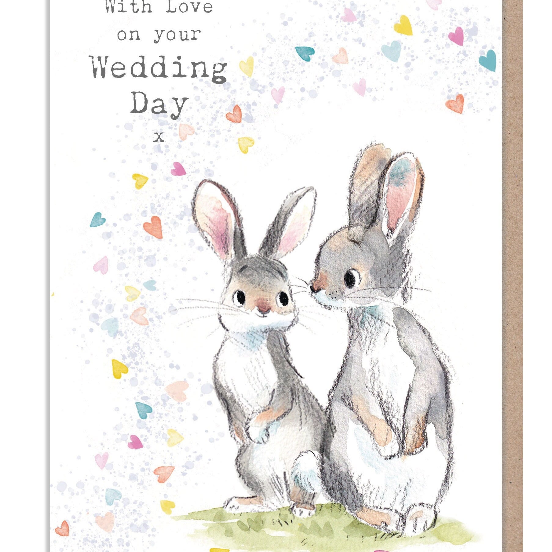 Wedding day Card - Quality Card - With love on your Wedding Day - Rabbits & confetti 'Bucklebury Wood' range - Charming Illustration BWE028