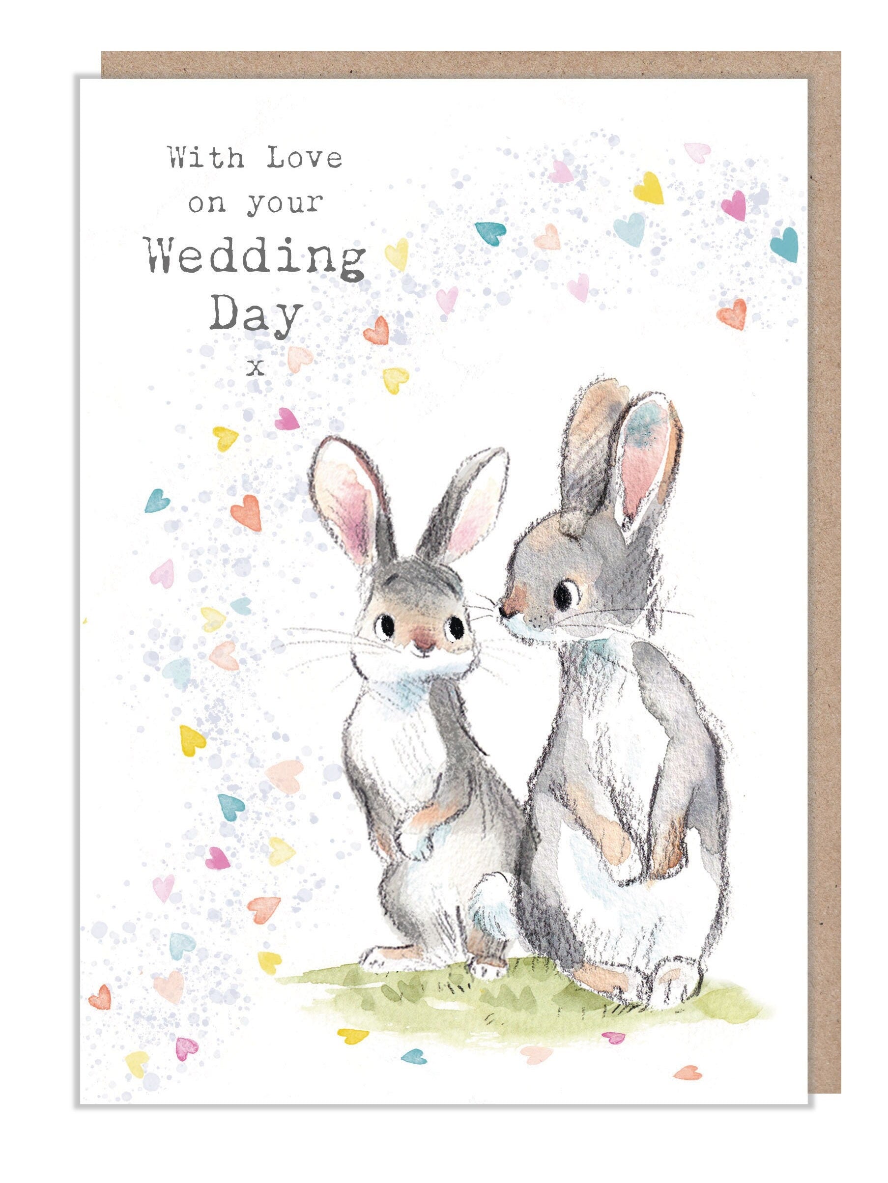 Wedding day Card - Quality Card - With love on your Wedding Day - Rabbits & confetti 'Bucklebury Wood' range - Charming Illustration BWE028