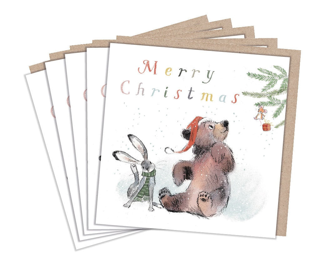 Christmas Card pack - 5 small quality cards with brown recycled envelopes -125 x 125mm-  one design - Bear, Hare and Mouse -  XPACK03