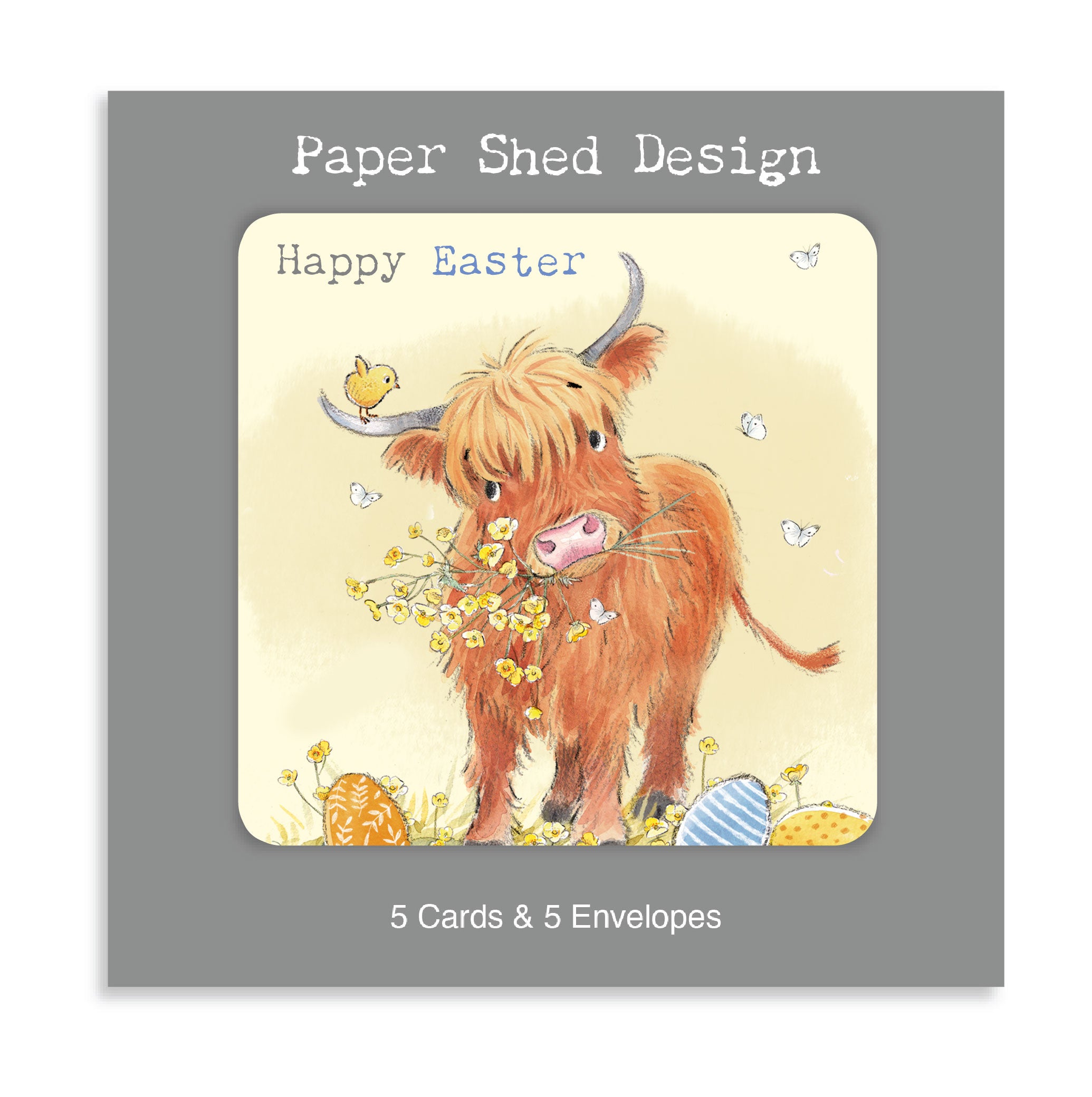 Easter pack - 5 small quality cards with brown recycled envelopes (125 x 125mm) Highland Cow EASTERPACK07