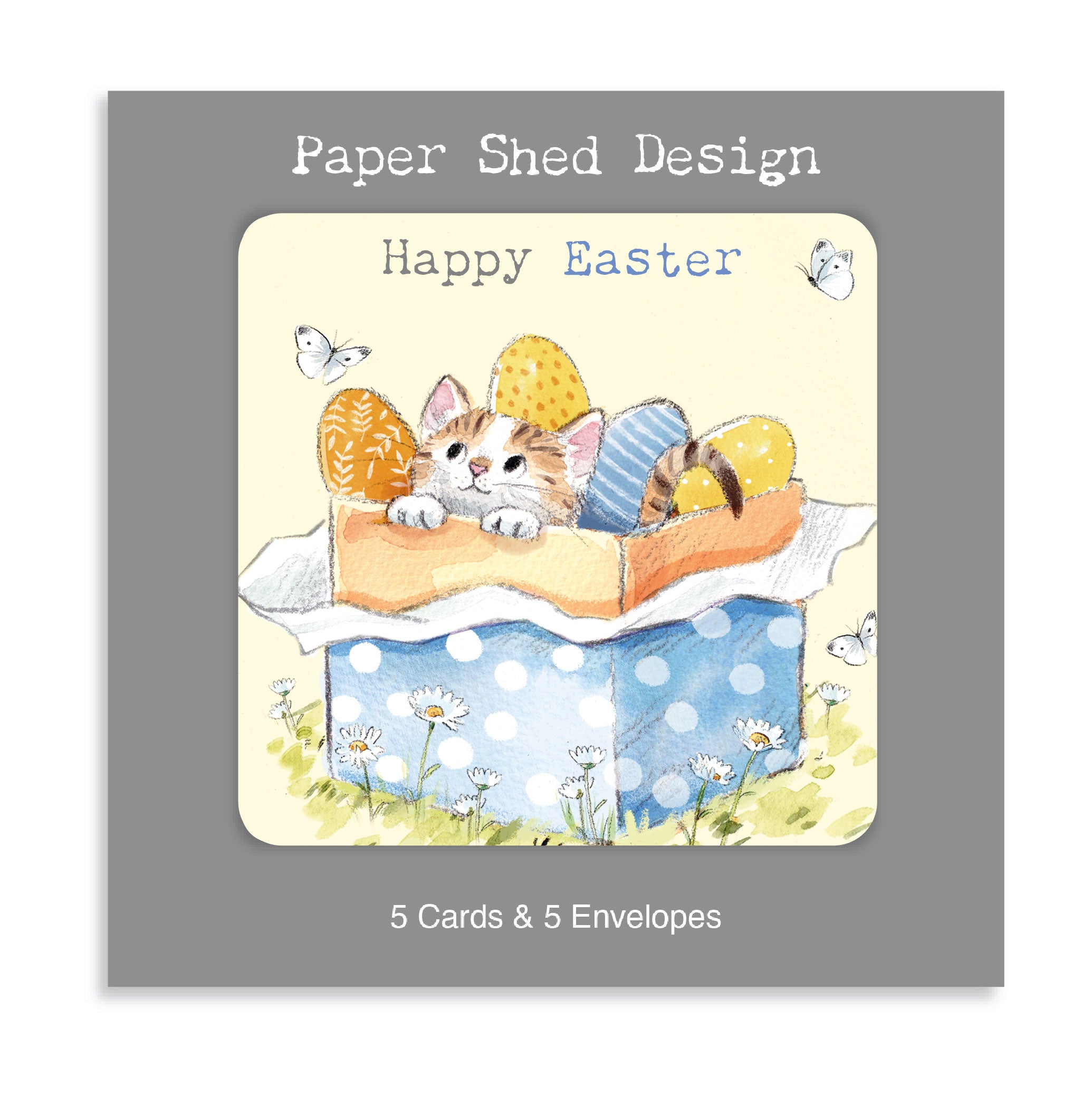 Easter pack - 5 small quality cards with brown recycled envelopes (125 x 125mm) Kitten in a gift box -EASTERPACK08