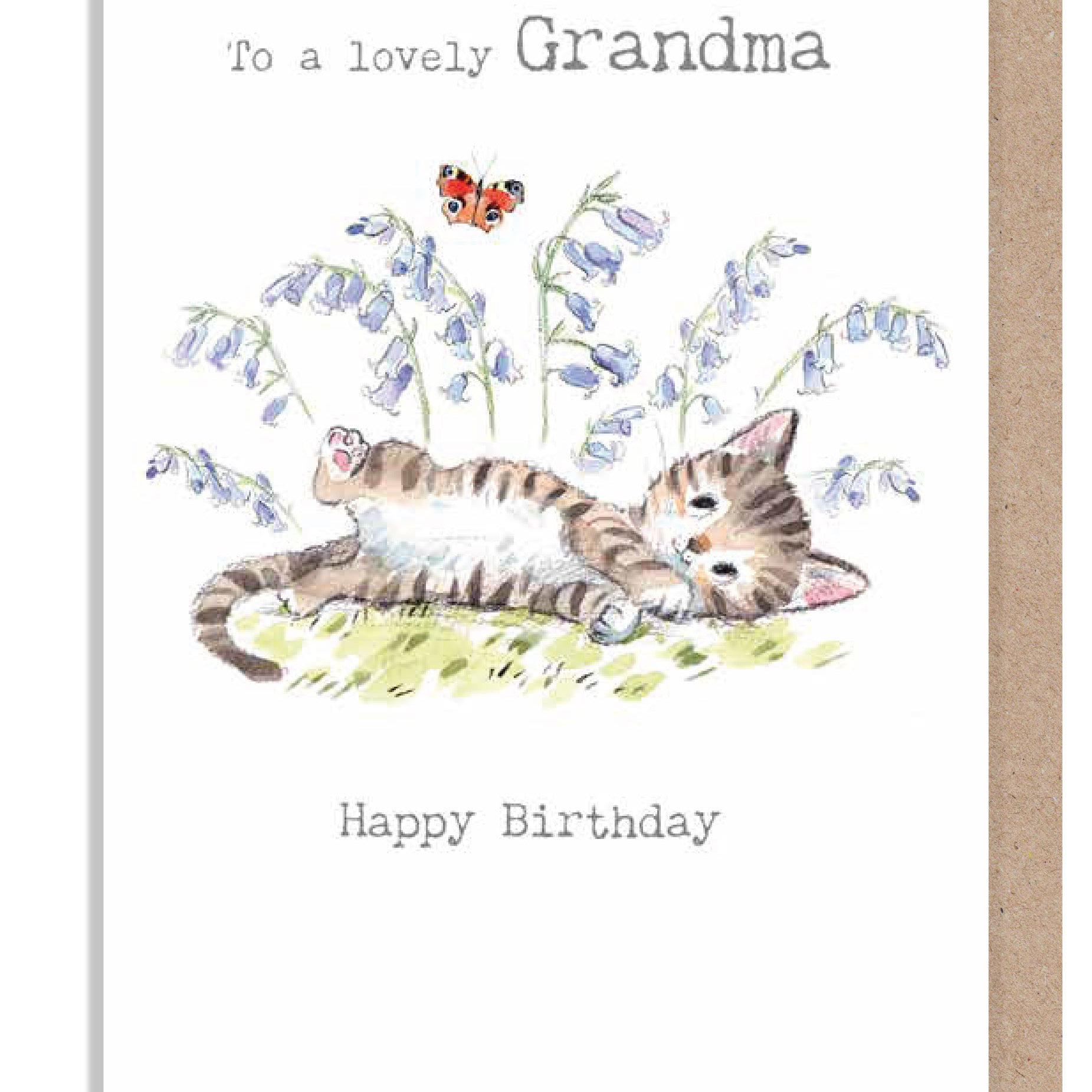 Grandma Birthday Card -  Charming illustration -'Pawsitively Purrect' range. Tabby Cat in Bluebells- Made in UK - EPP027