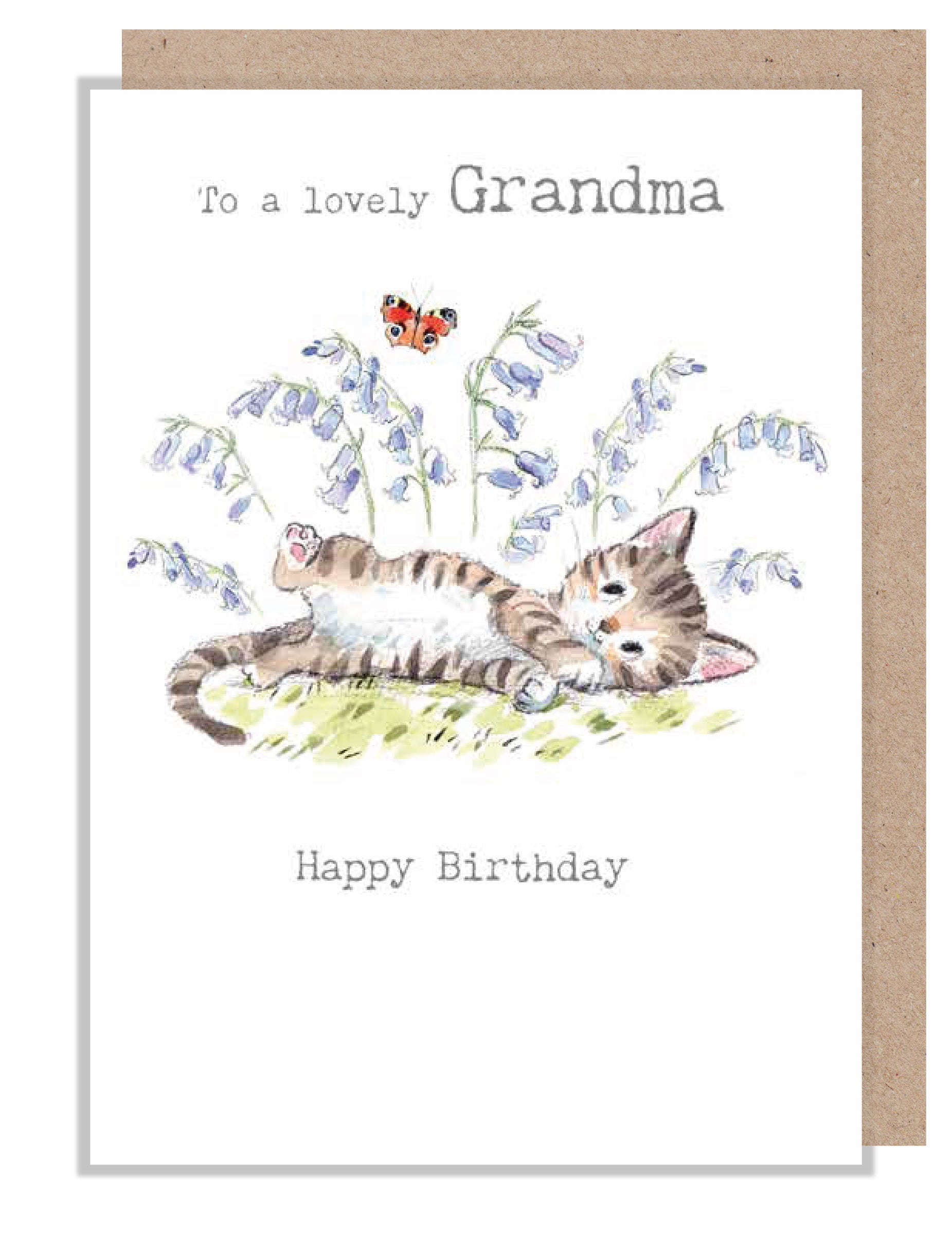 Grandma Birthday Card -  Charming illustration -'Pawsitively Purrect' range. Tabby Cat in Bluebells- Made in UK - EPP027