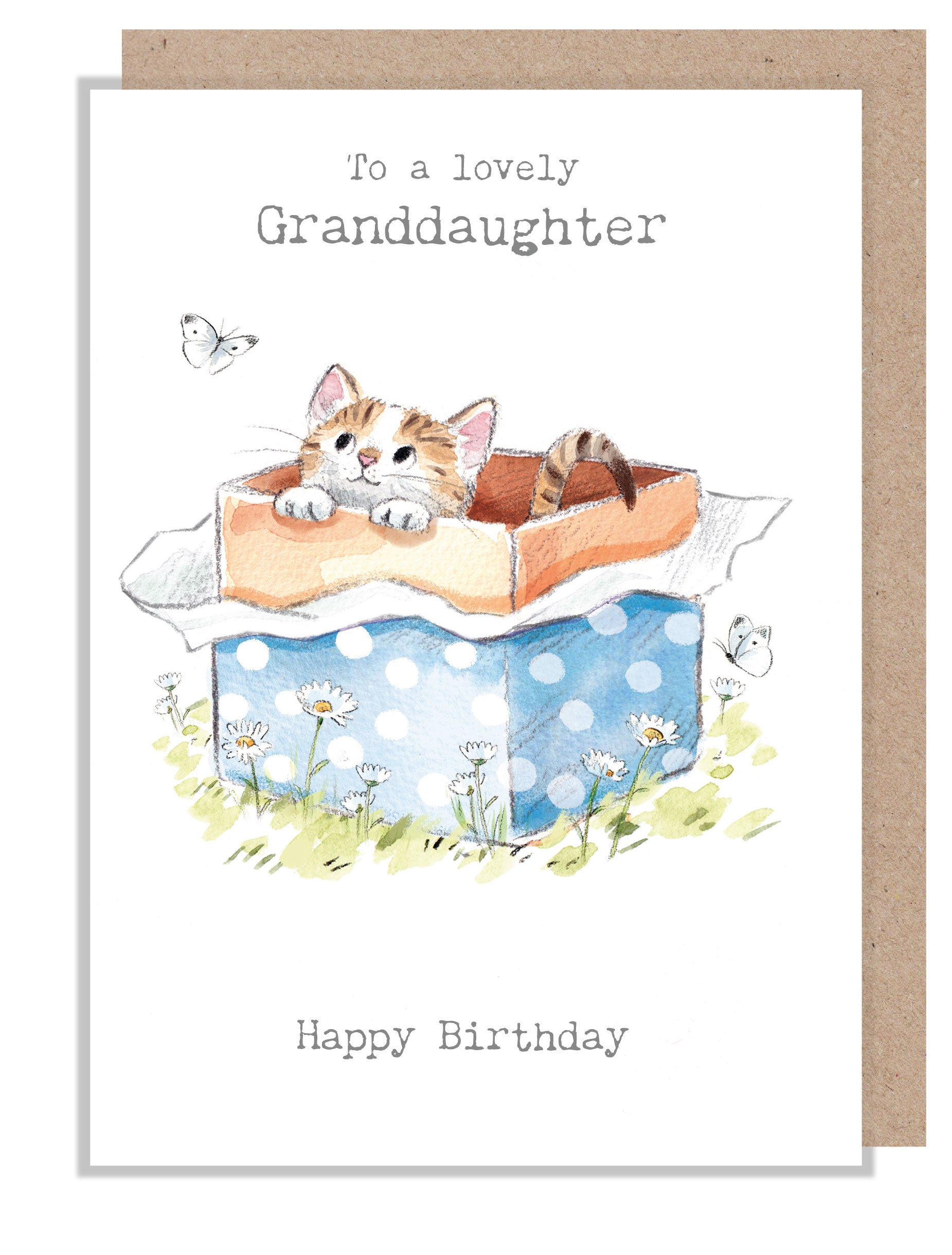 Granddaughter Birthday Card -  Charming illustration -'Pawsitively Purrect' range. Kitten in gift box- Made in UK - EPP029