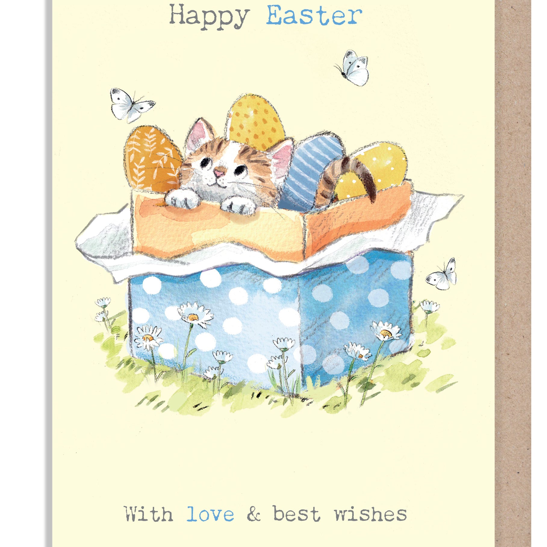 Easter Card -  Charming illustration -'Pawsitively Purrect' range. Kitten in gift box- Made in UK - EPPEASTER02