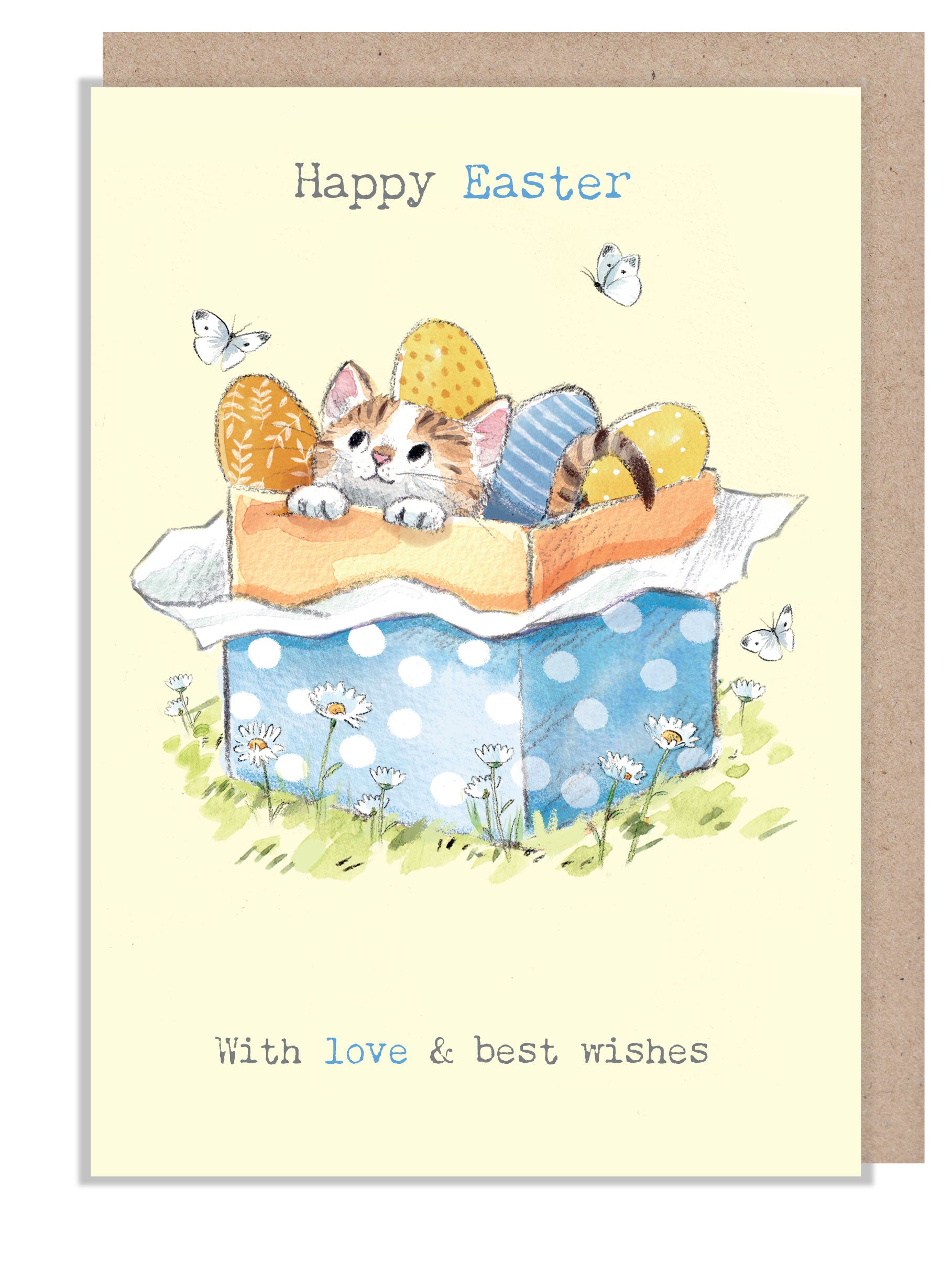 Easter Card -  Charming illustration -'Pawsitively Purrect' range. Kitten in gift box- Made in UK - EPPEASTER02