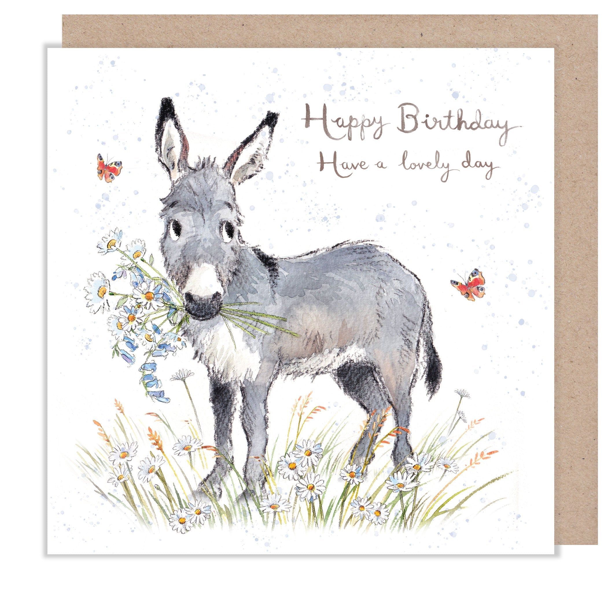 Greeting Card - Happy Birthday, Have a Lovely Day - Donkey with Flowers and Butterflies