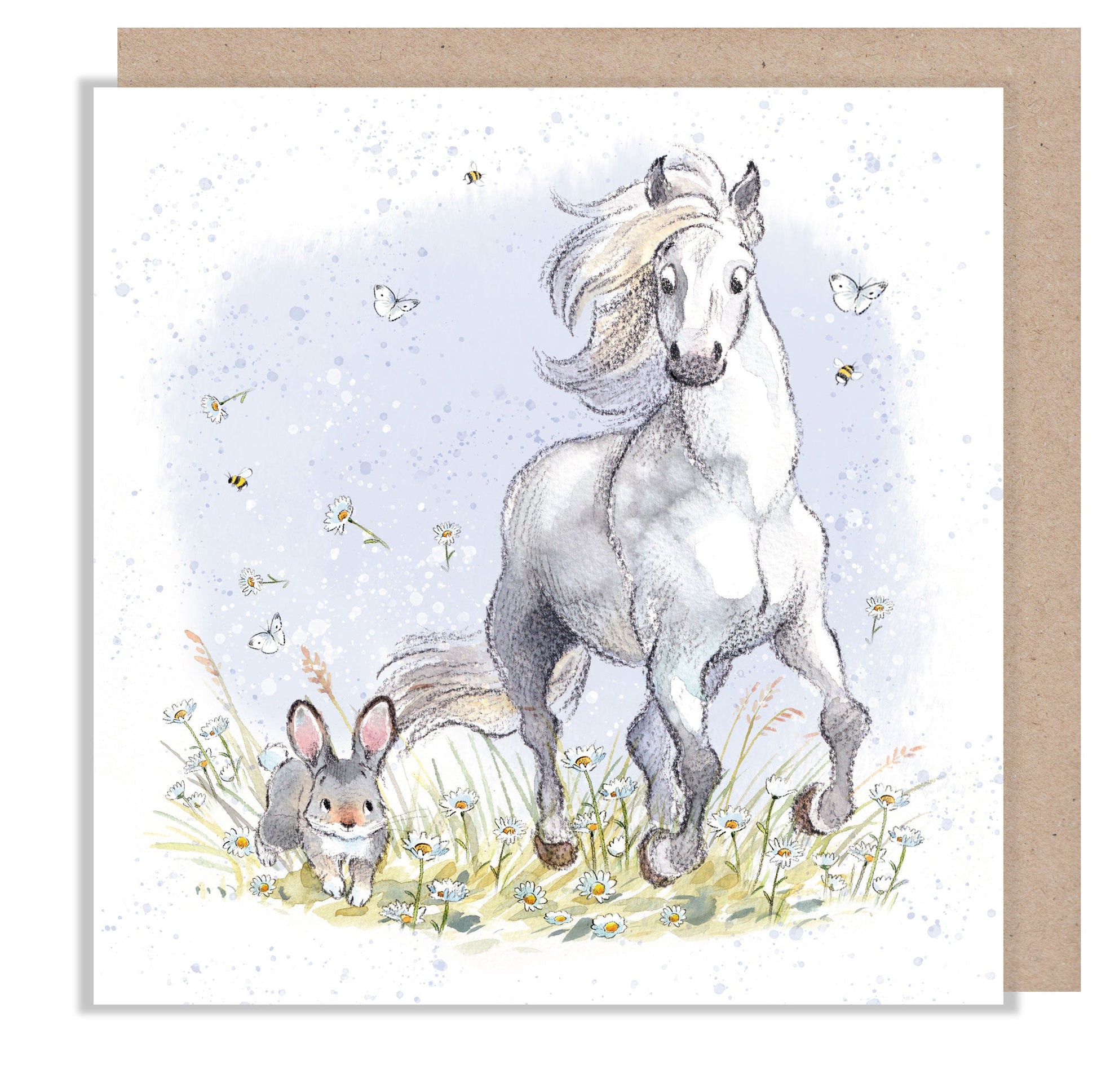 Greeting Card - Blank - White Horse Running with Rabbit