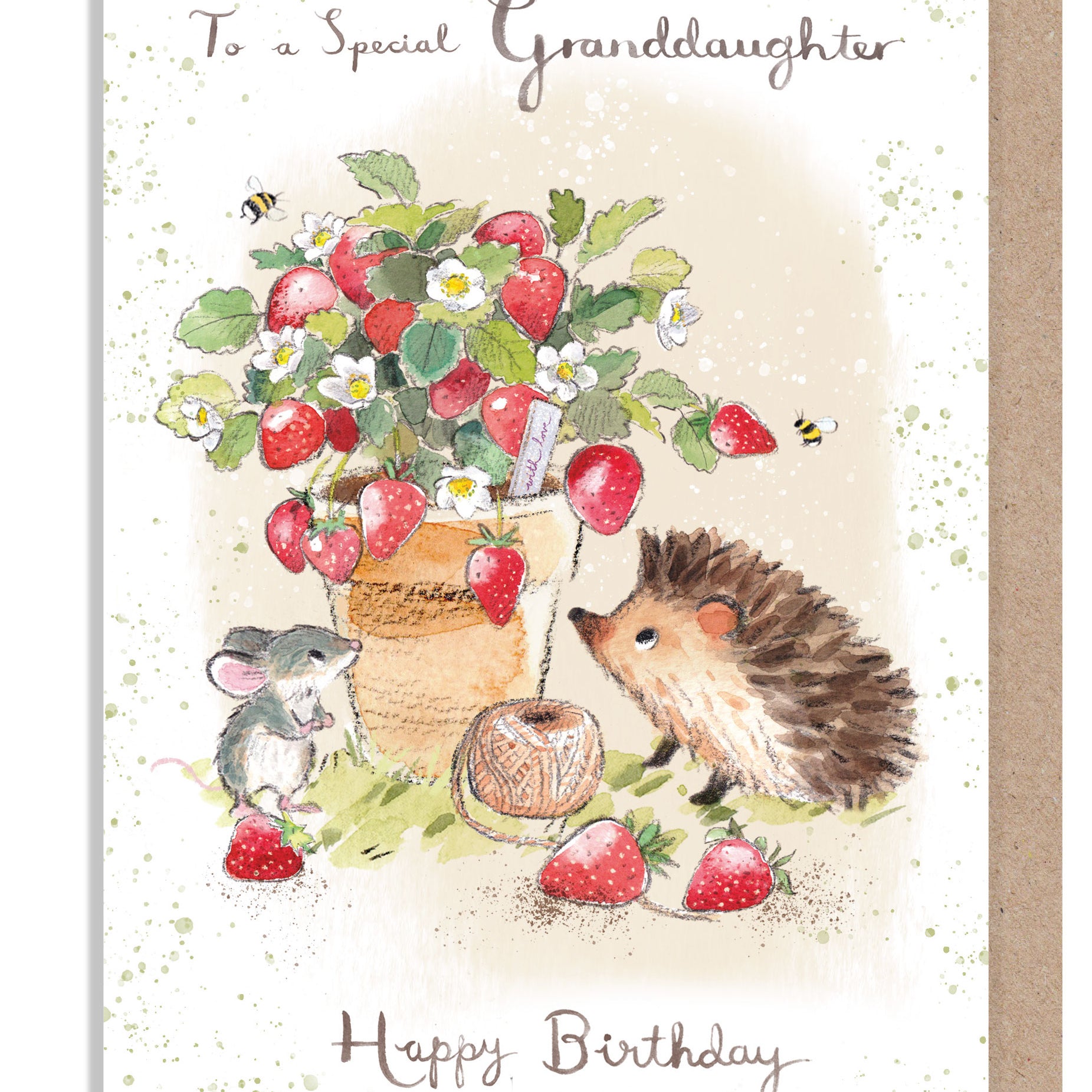 Granddaughter Birthday Card - Quality Card - Hedgehog and Mouse with Strawberry pot - 'Morris and Maude' range -  MME015