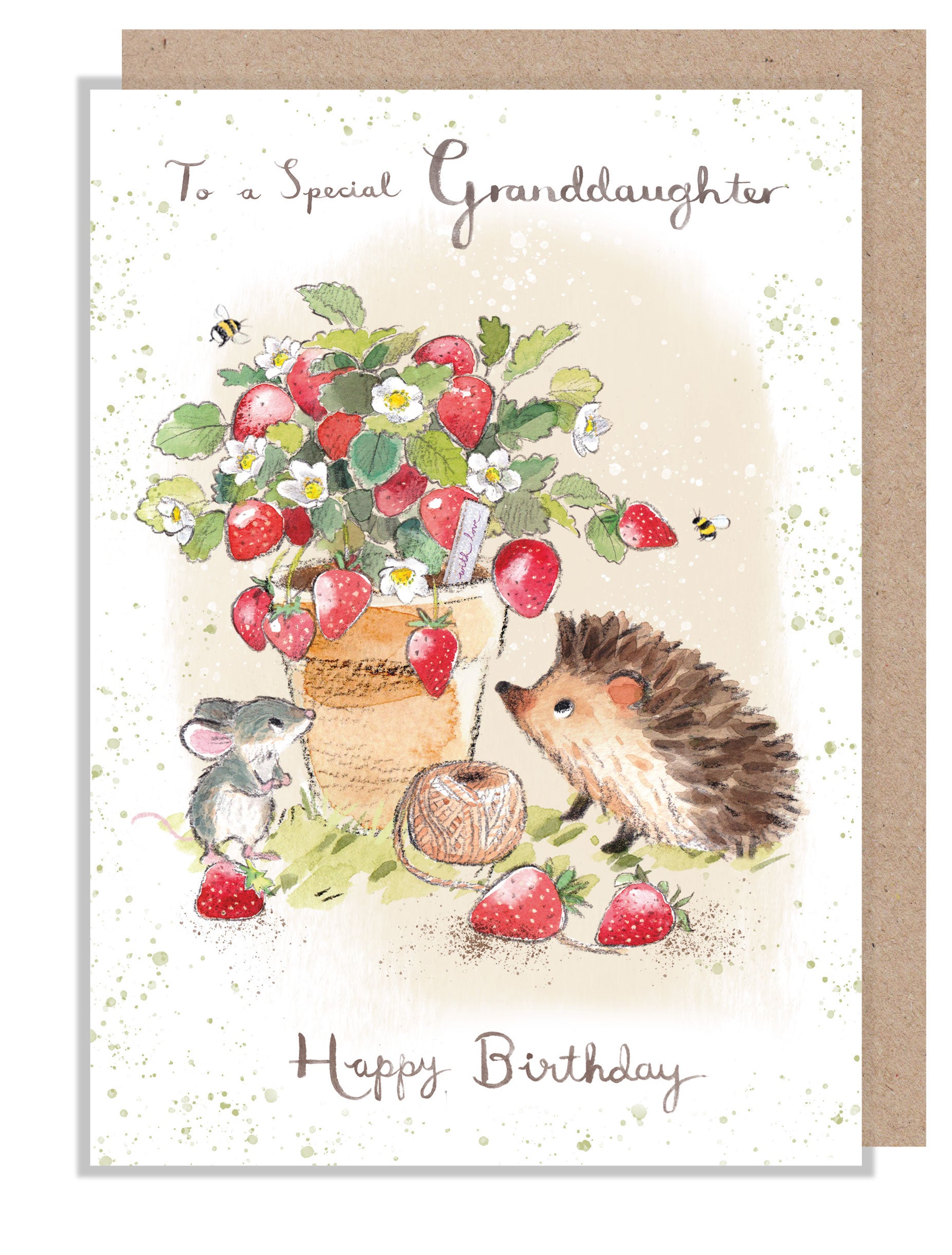 Granddaughter Birthday Card - Quality Card - Hedgehog and Mouse with Strawberry pot - 'Morris and Maude' range -  MME015