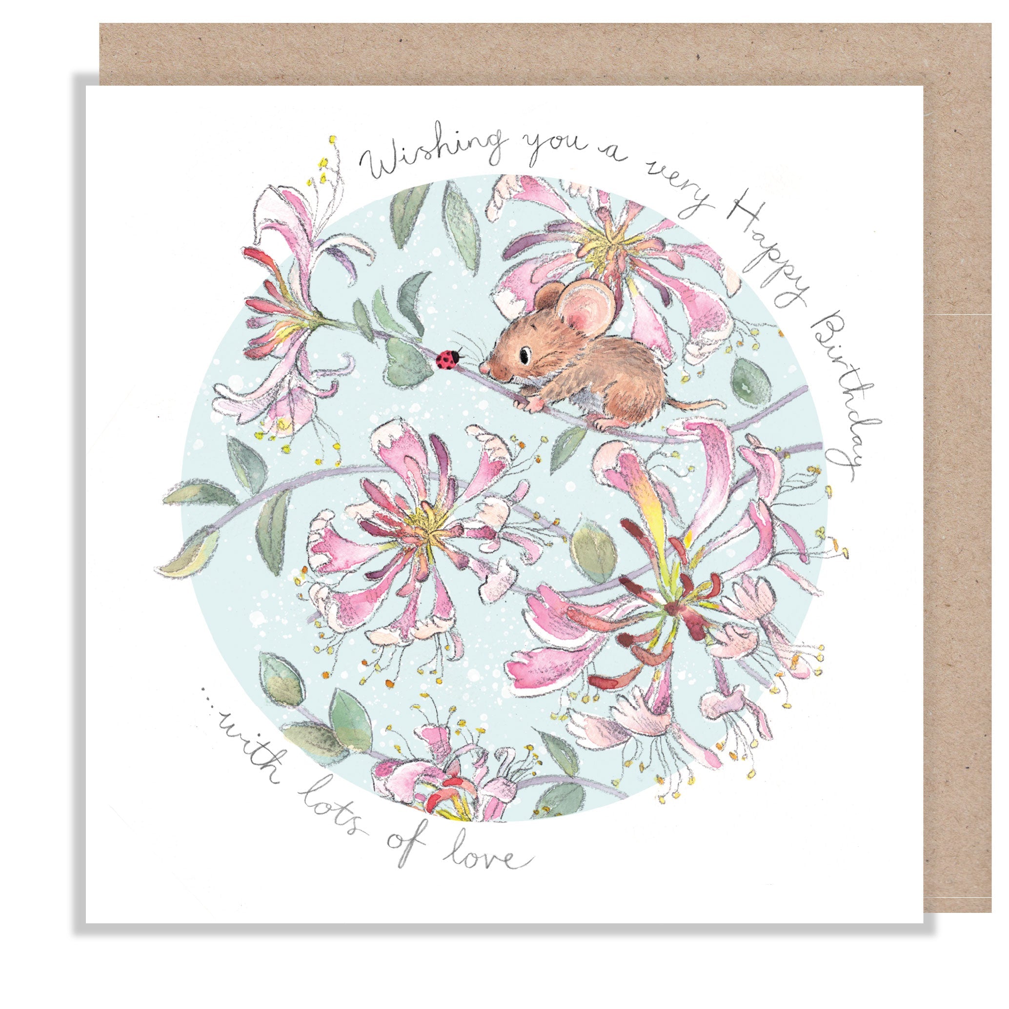 Birthday Card - Wishing You a Very Happy Birthday - Mouse and Honeysuckle