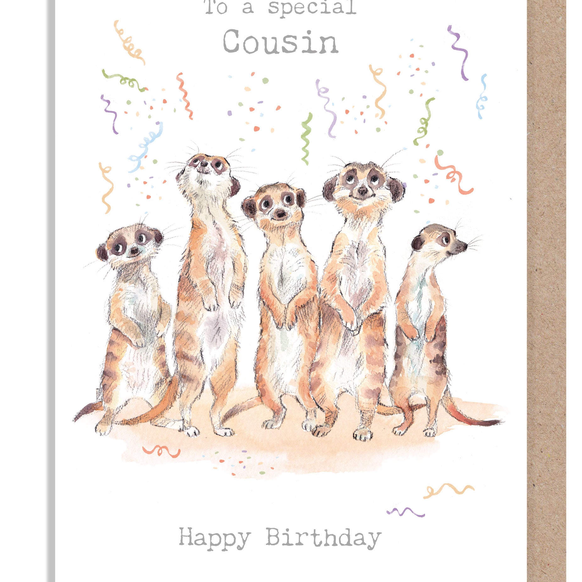 Cousin Birthday Card - Charming illustration - Meerkats with streamers- 'Wonderfully Wild'  range - Made in UK -  WWE039