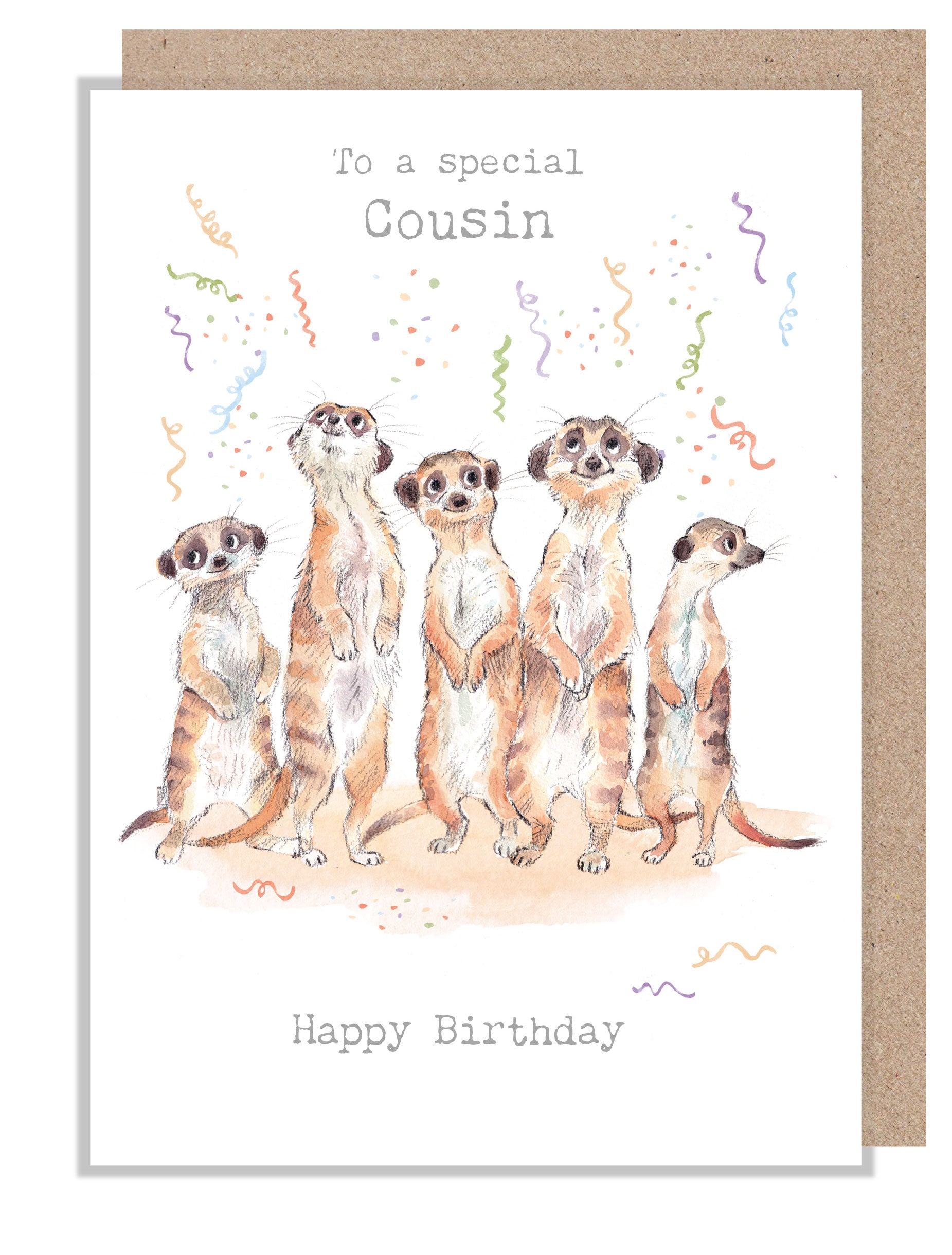 Cousin Birthday Card - Charming illustration - Meerkats with streamers- 'Wonderfully Wild'  range - Made in UK -  WWE039