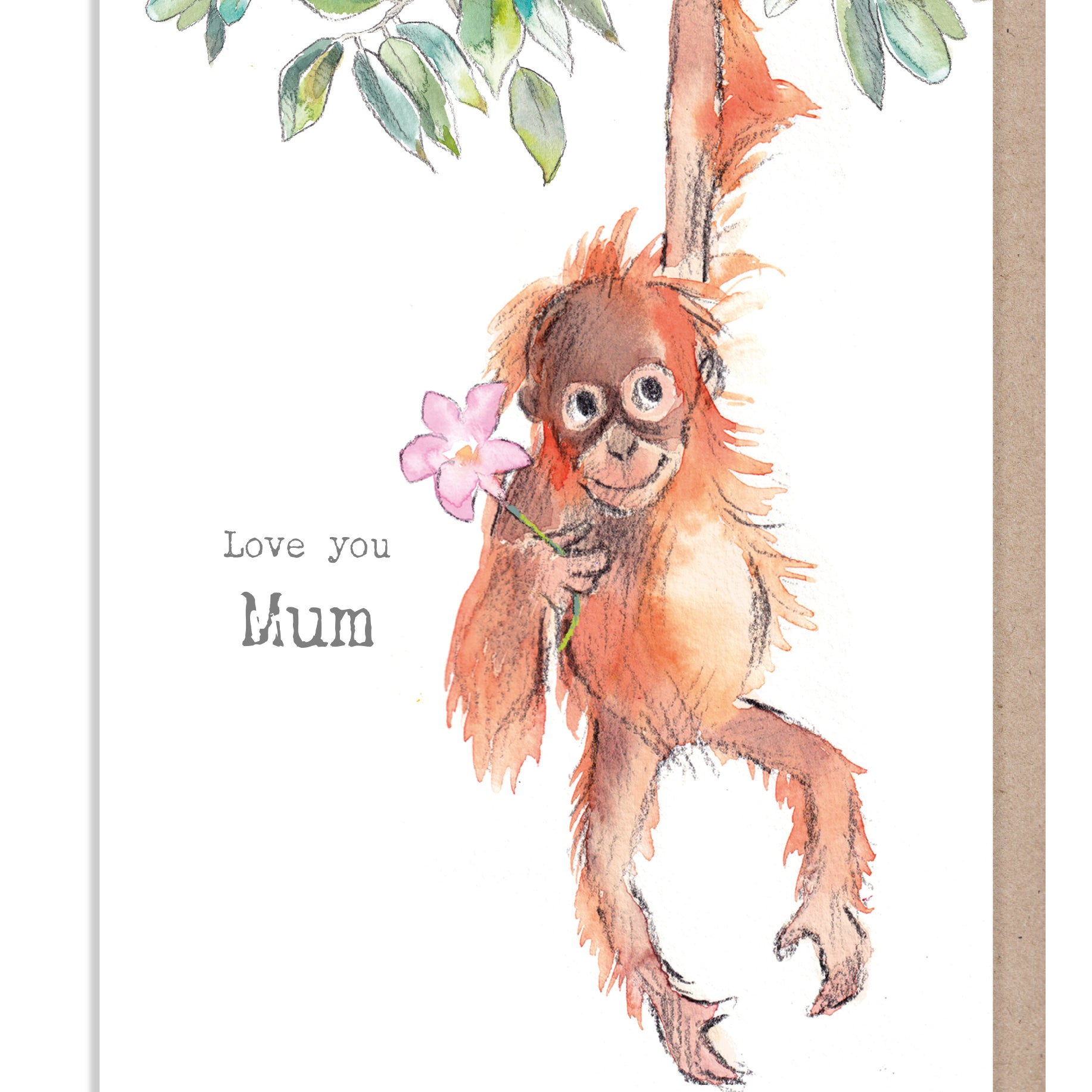 Love You Mum Card: Orangutan with Flower Illustration