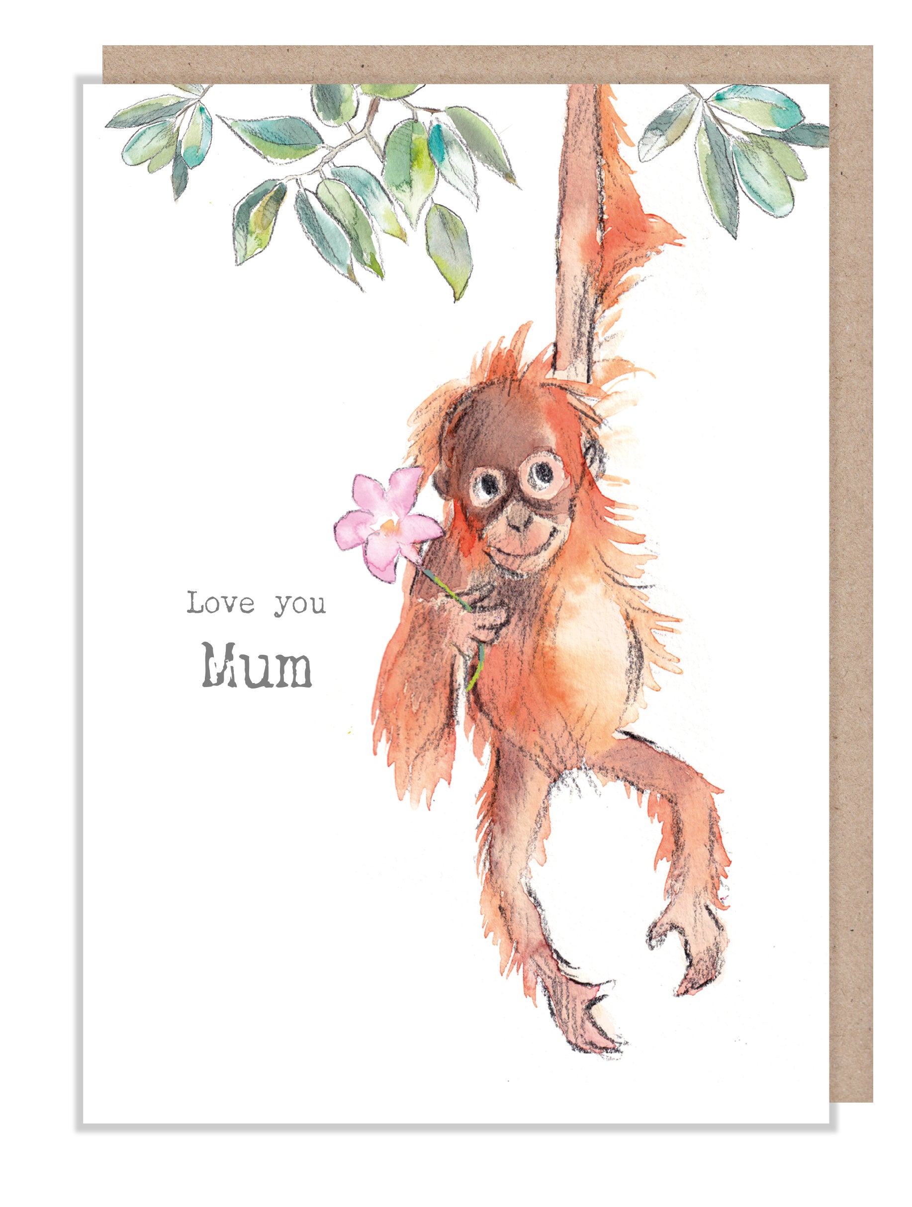 Love You Mum Card: Orangutan with Flower Illustration