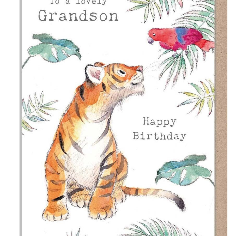 Grandson Birthday Card - Charming illustration - Tiger and Parrot - 'Wonderfully Wild'  range - Made in UK -  WWE019