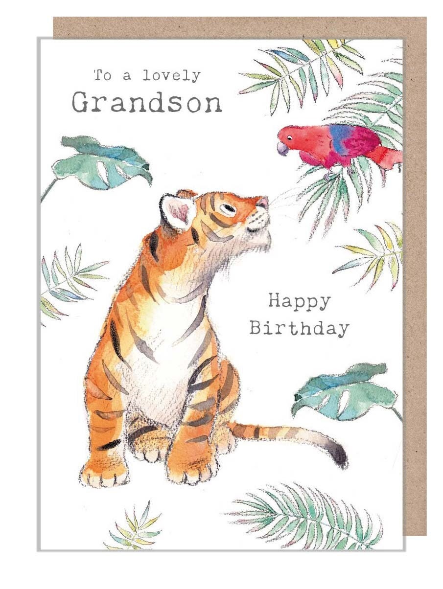 Grandson Birthday Card - Charming illustration - Tiger and Parrot - 'Wonderfully Wild'  range - Made in UK -  WWE019